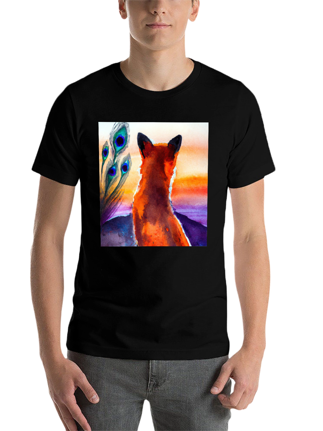 Black Fox & Peacock Feather Graphic Black T-Shirt view 7