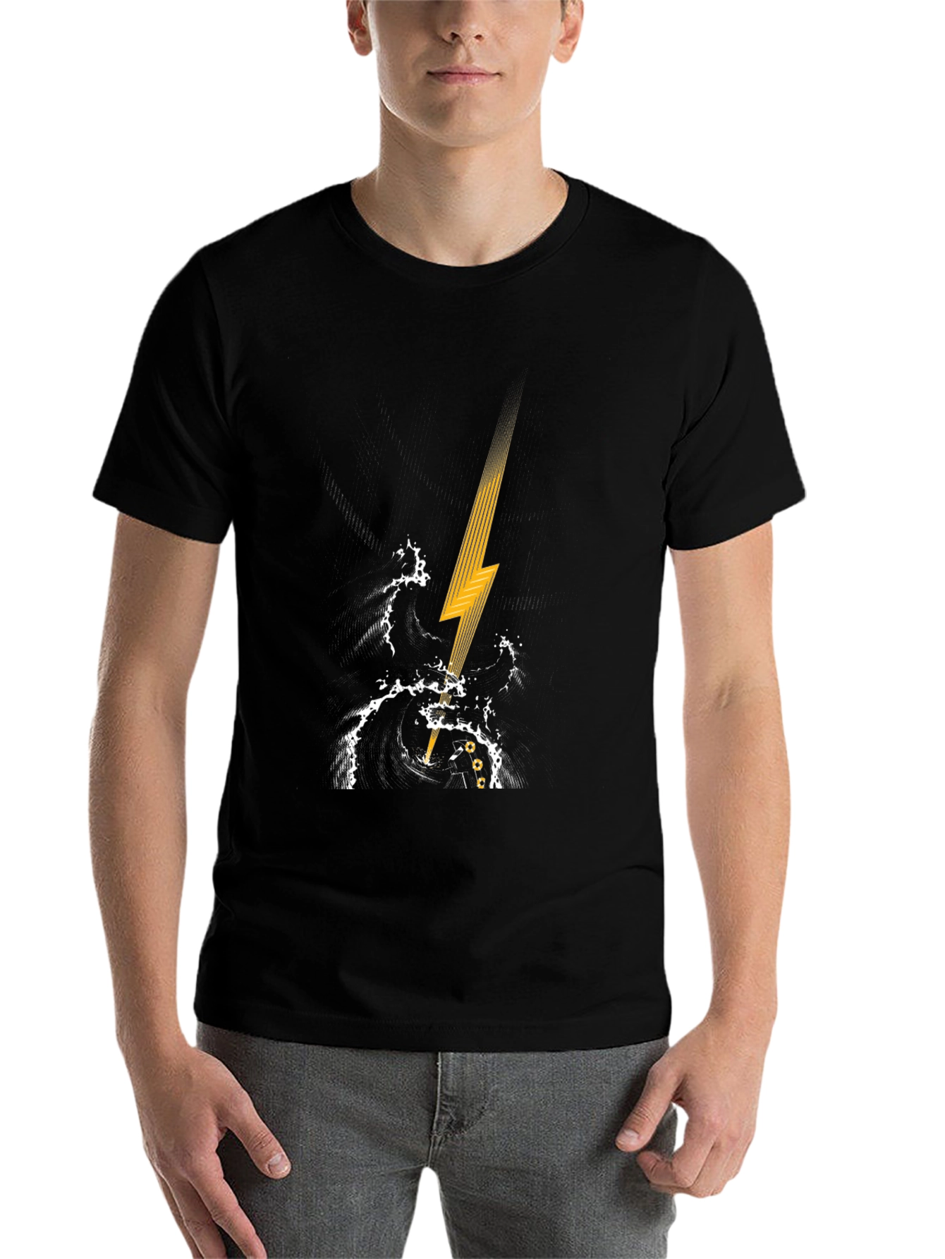 Black Black T-Shirt with Lightning Strike Graphic view 7