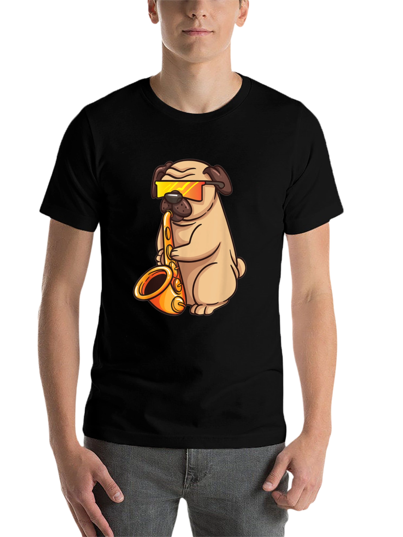 Black Saxophone Pug T-Shirt - Cool Dog Graphic Tee view 7