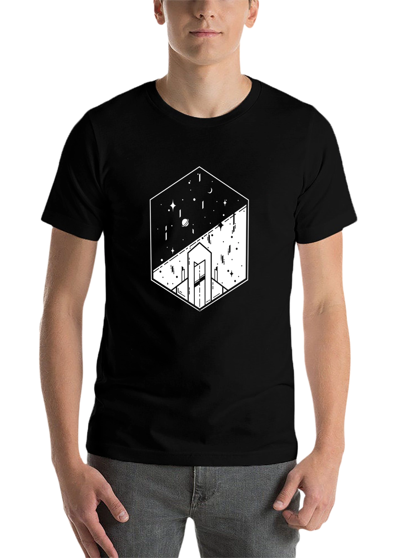 Black Geometric Space & Cityscape Black Graphic Tee view 7