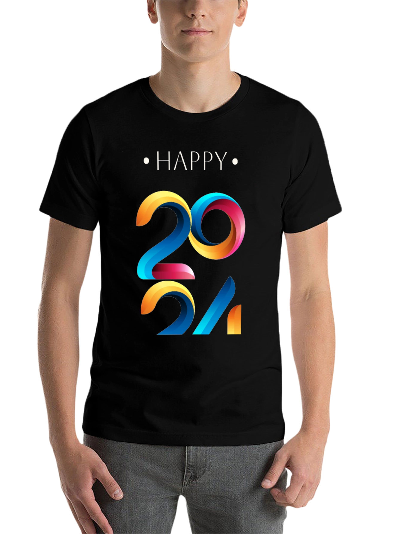 Black Happy 2024 Graphic Print Black T-Shirt view 7
