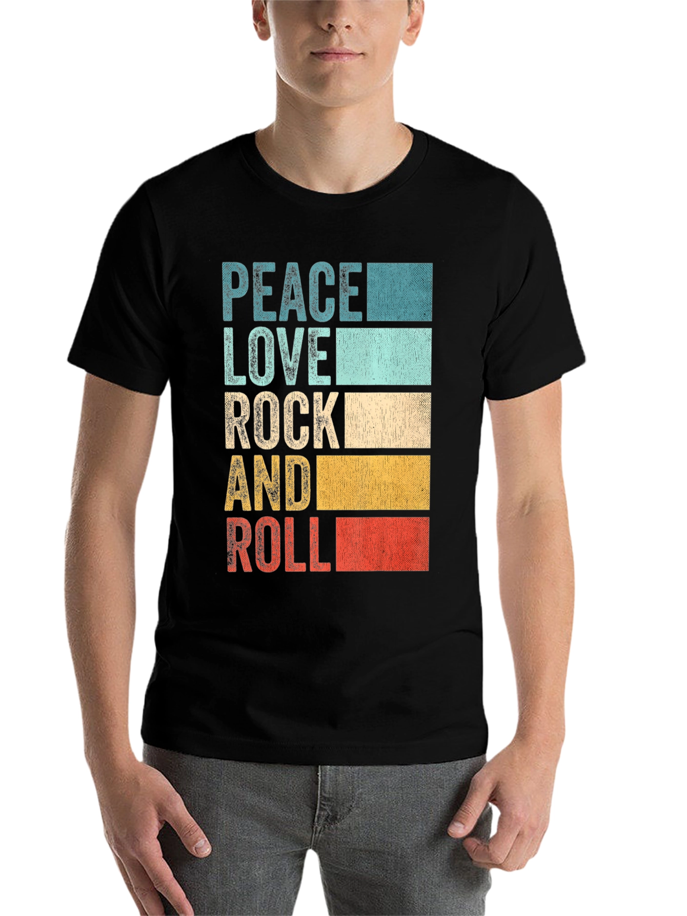 Black Retro Peace Love Rock & Roll Graphic T-Shirt view 7