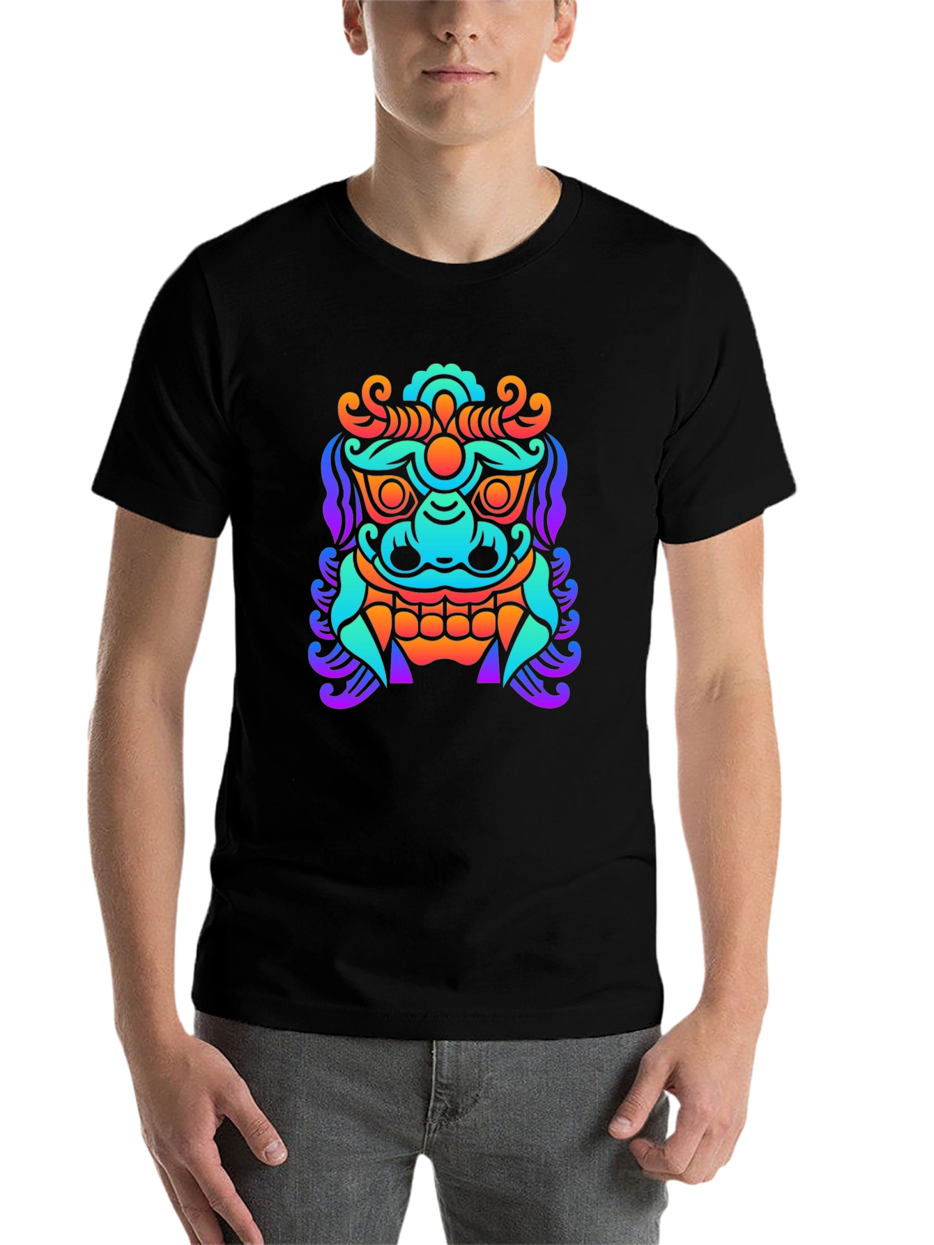 Black Colorful Graphic Tee - Asian Dragon Print view 7