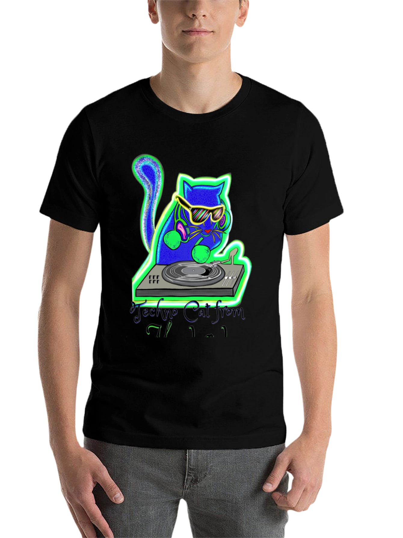 Black Techno Cat DJ Graphic T-Shirt view 7