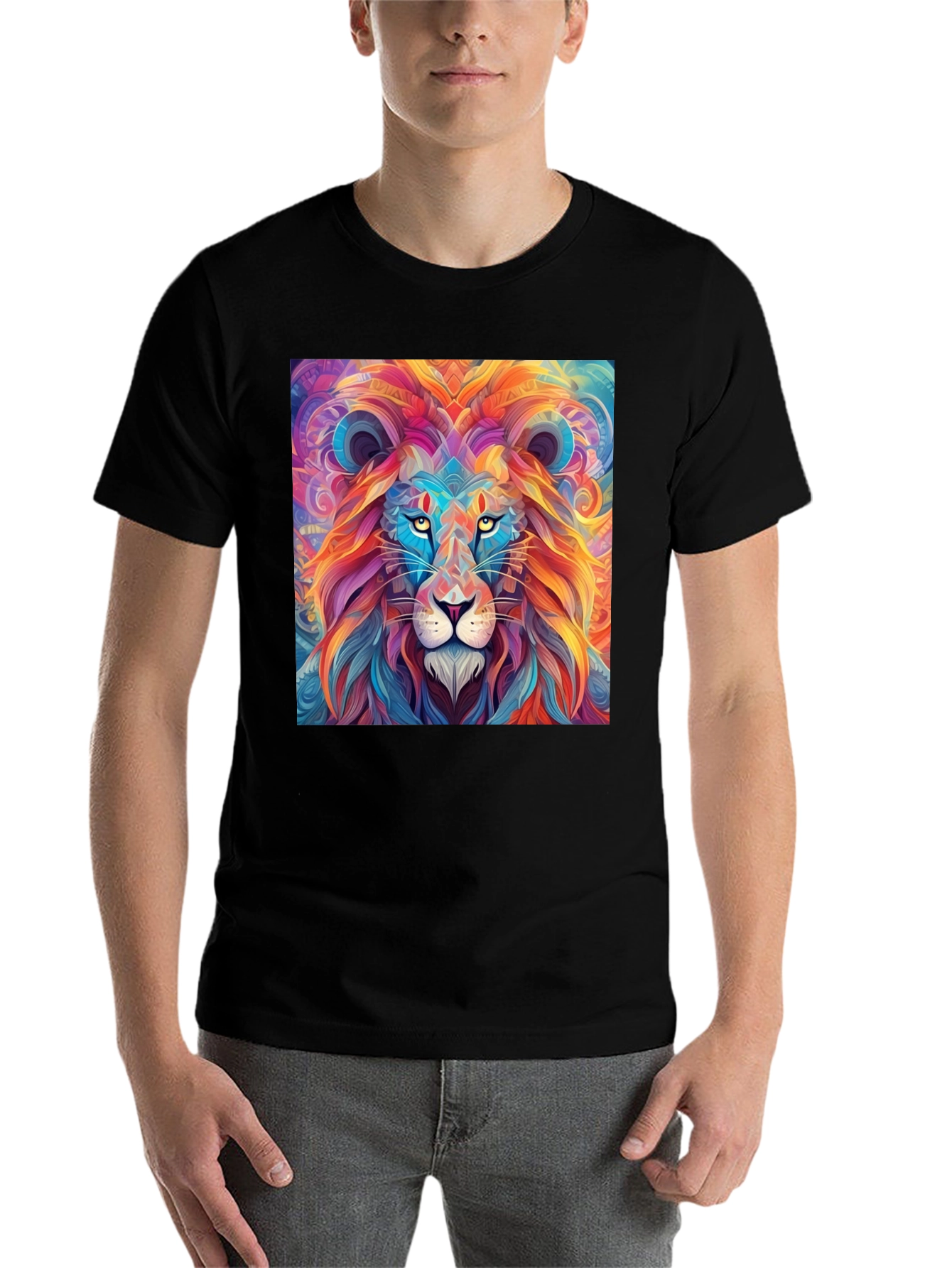 Black Vibrant Lion Graphic Print Black T-Shirt view 7