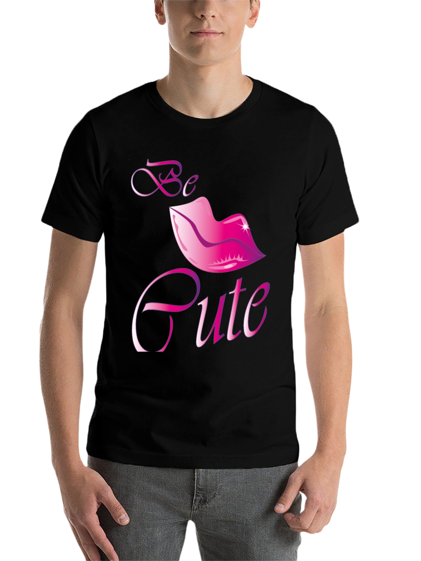 Black Be Cute Lips Graphic Black T-Shirt view 7