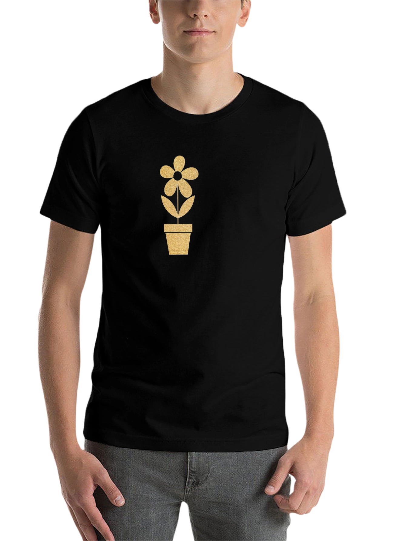 Black Golden Flower Pot Graphic Tee - Black Cotton Blend view 7