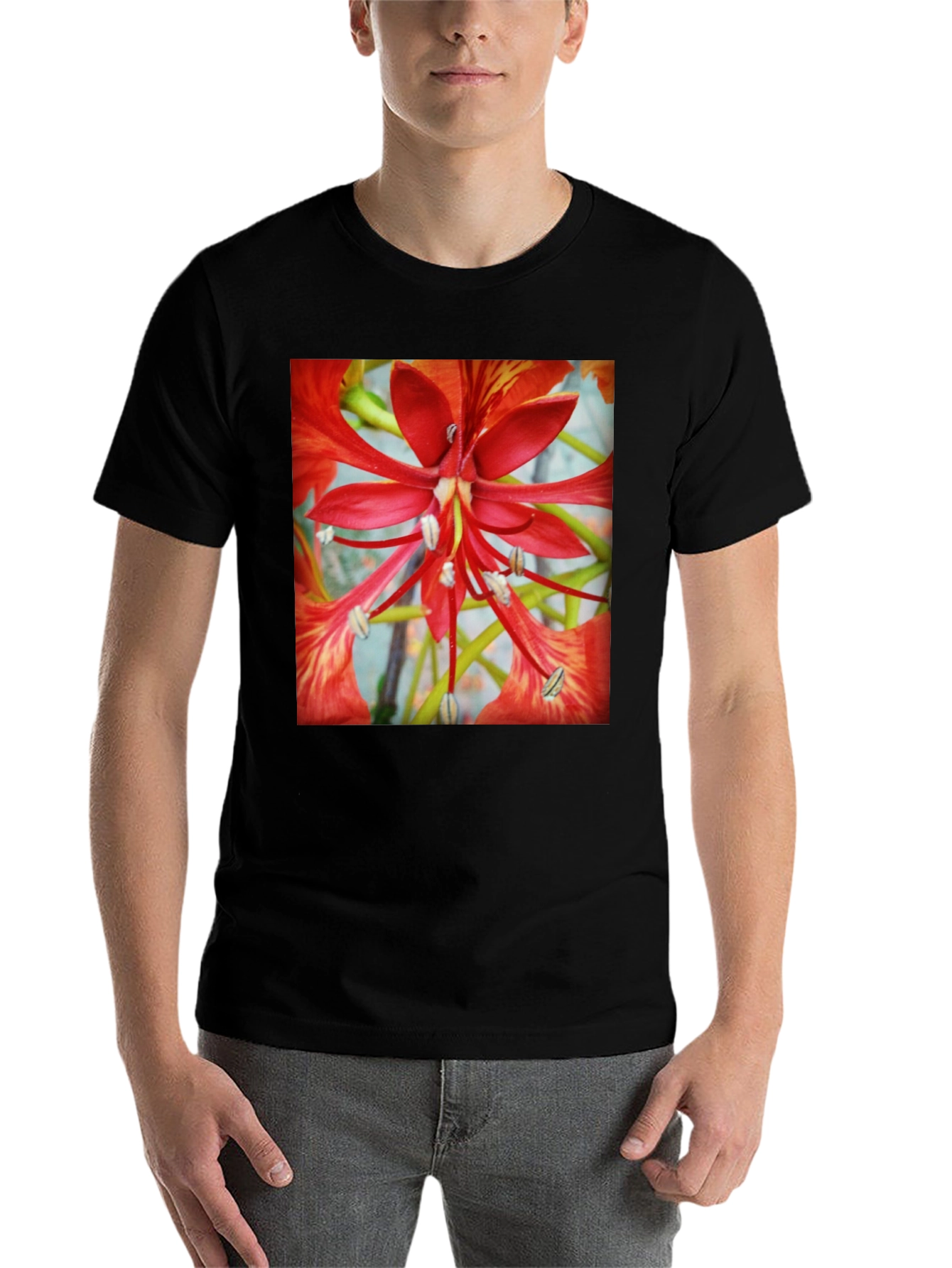 Black Bold Floral T-Shirt - Vivid Red Blossom Design view 7