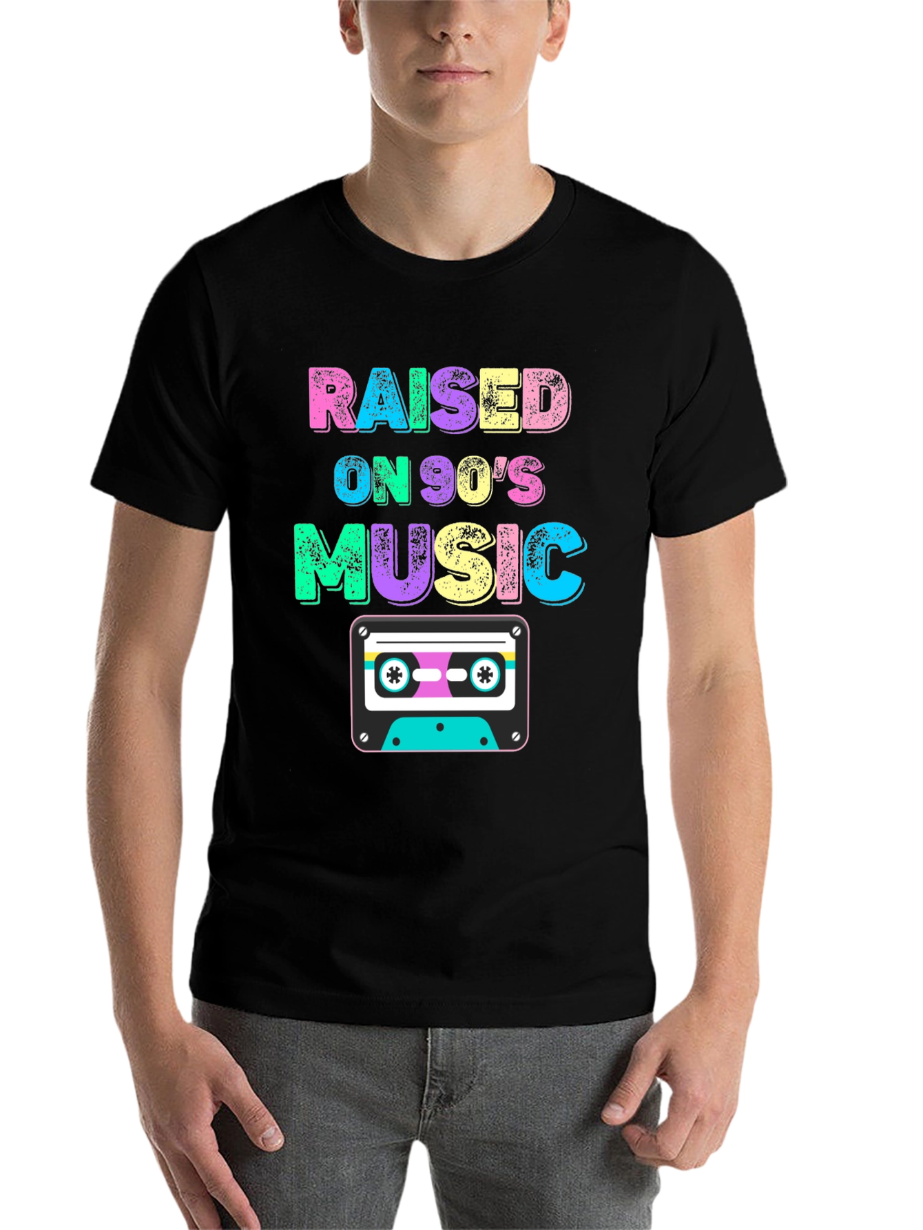 Black Raised on 90's Music Black T-Shirt view 7