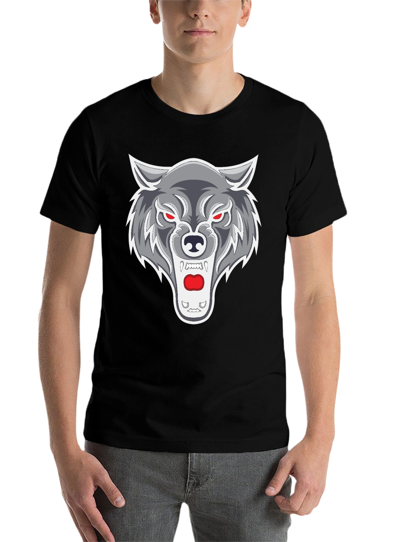 Black Men's Black T-Shirt with Wolf Graphic view 7