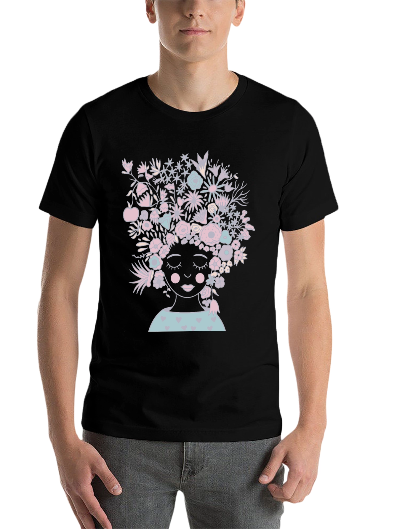 Black Floral Woman Graphic Tee - Black Cotton T-Shirt view 7