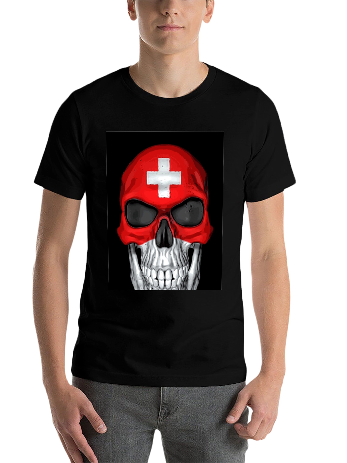 Black Skull Switzerland Flag Graphic Tee - Black Cotton T-Shirt view 7