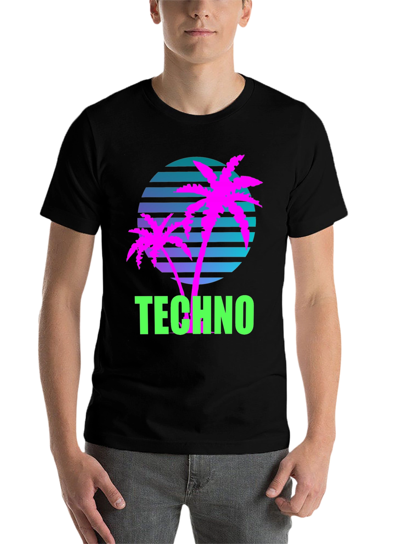 Black Retro Techno Palm T-Shirt - Vaporwave Style view 7