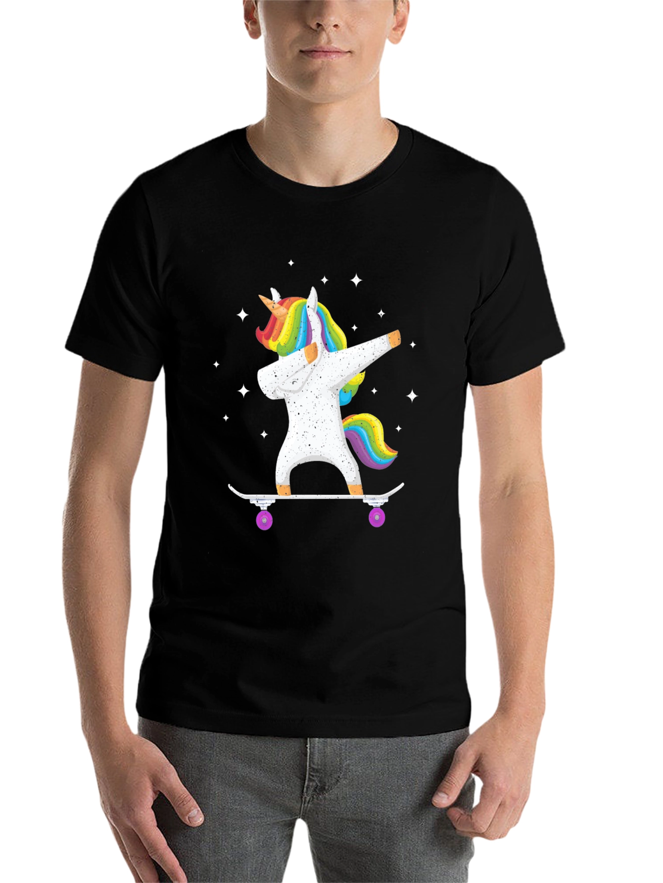 Black Dabbing Unicorn Skateboard T-Shirt - Black view 7