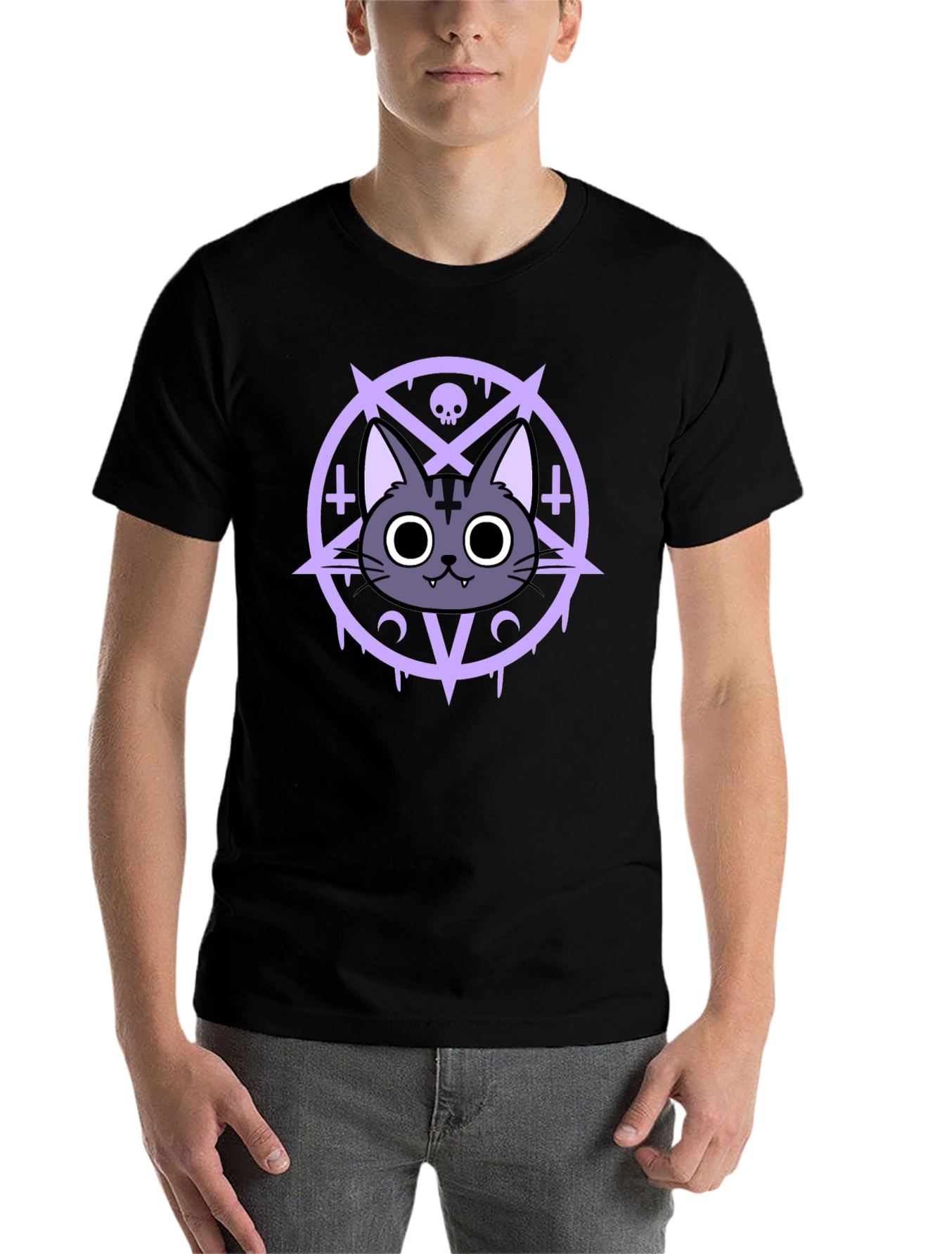 Black Gothic Cat T-Shirt - Occult Pentagram Design view 7