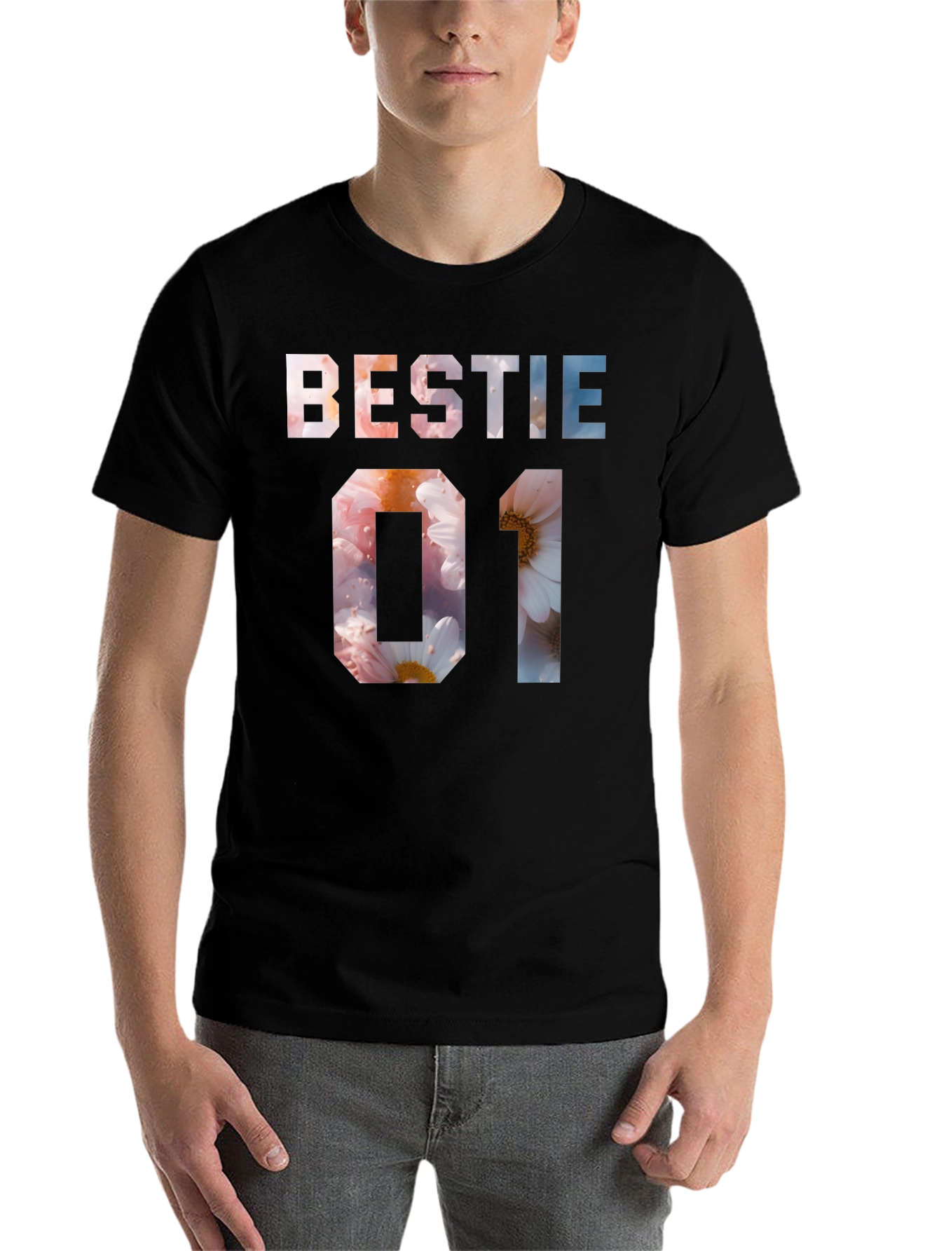 Black Bestie 01 Floral Print Black T-Shirt view 7