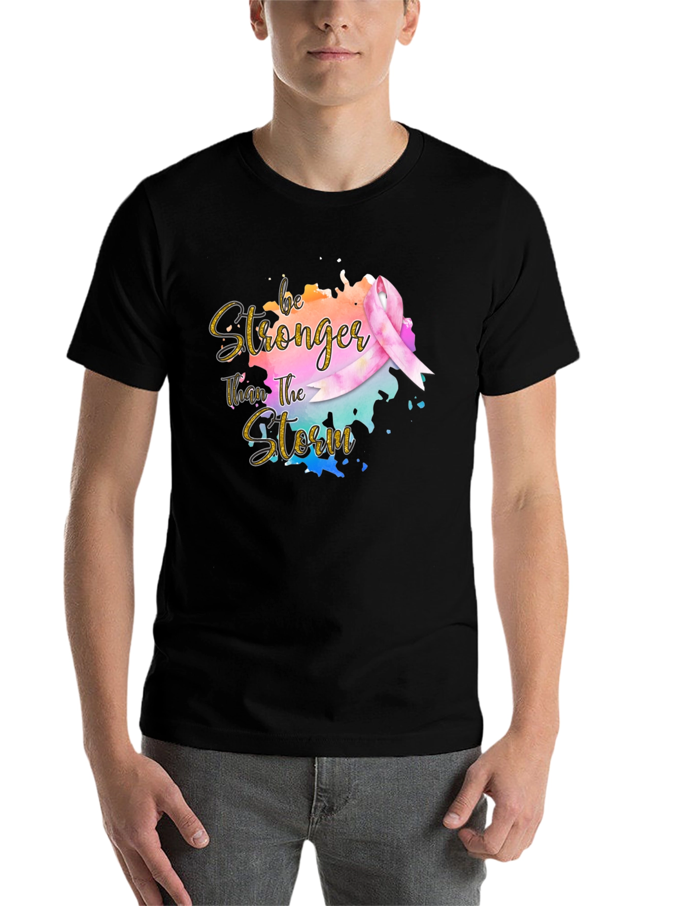 Black Be Stronger Than The Storm Ribbon T-Shirt view 7