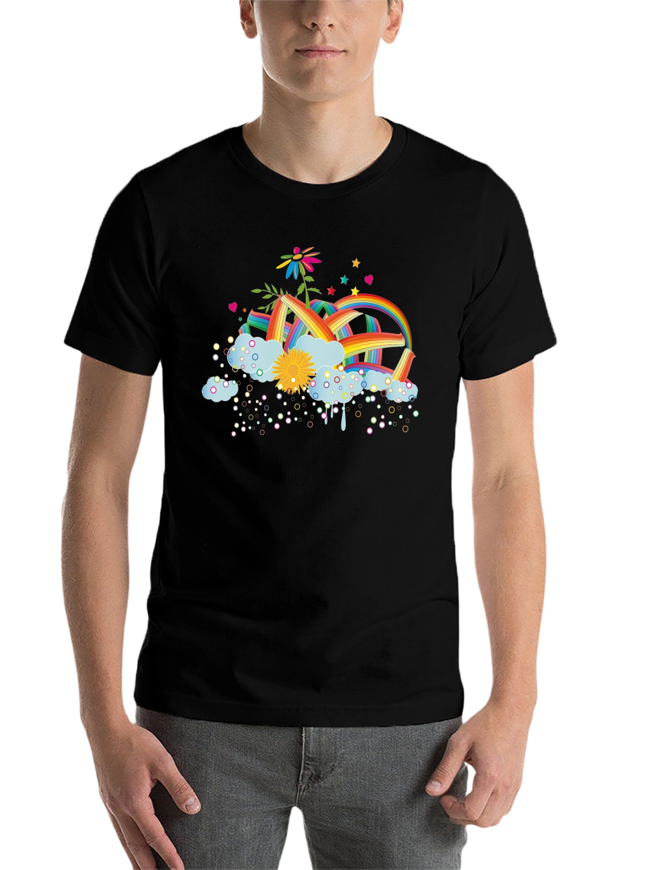 Black Rainbow Flower Graphic Tee - Unisex Black T-Shirt view 7