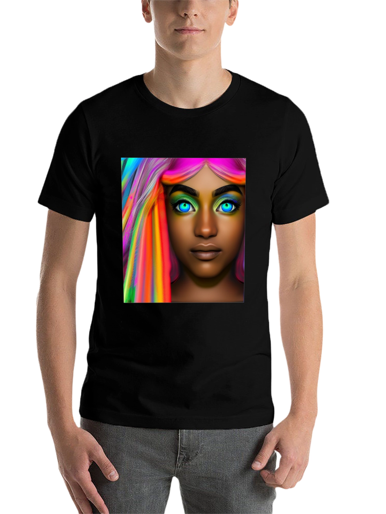 Black Vibrant Hair Portrait T-Shirt - Artistic Style view 7
