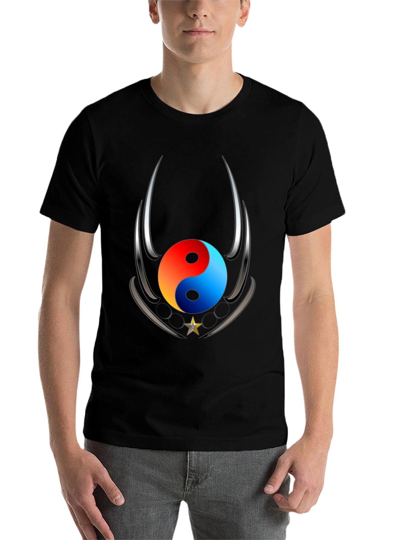 Black Yin Yang Star Graphic Black T-Shirt view 7