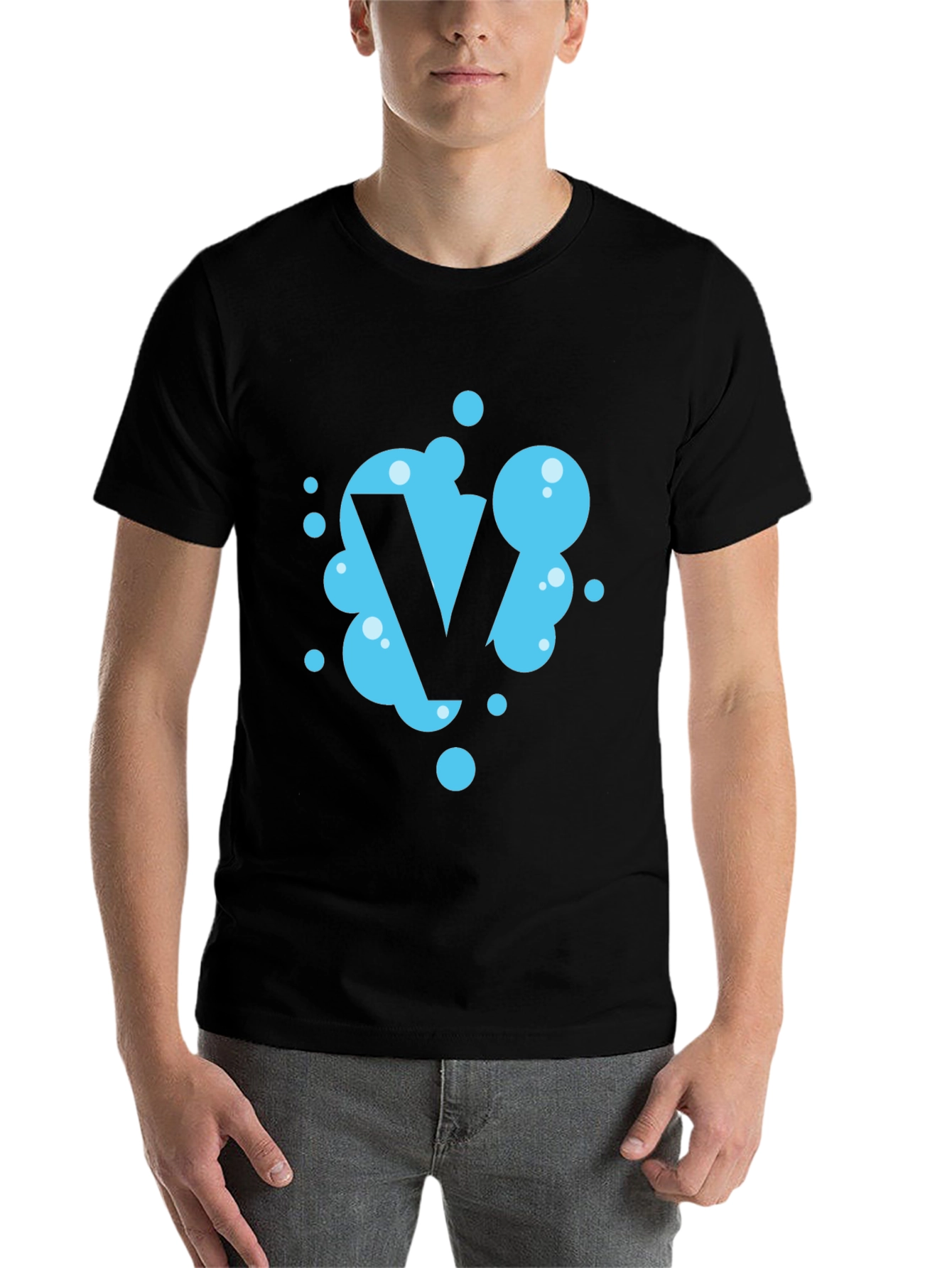Black Cool Blue Bubble Letter V Black T-Shirt view 7