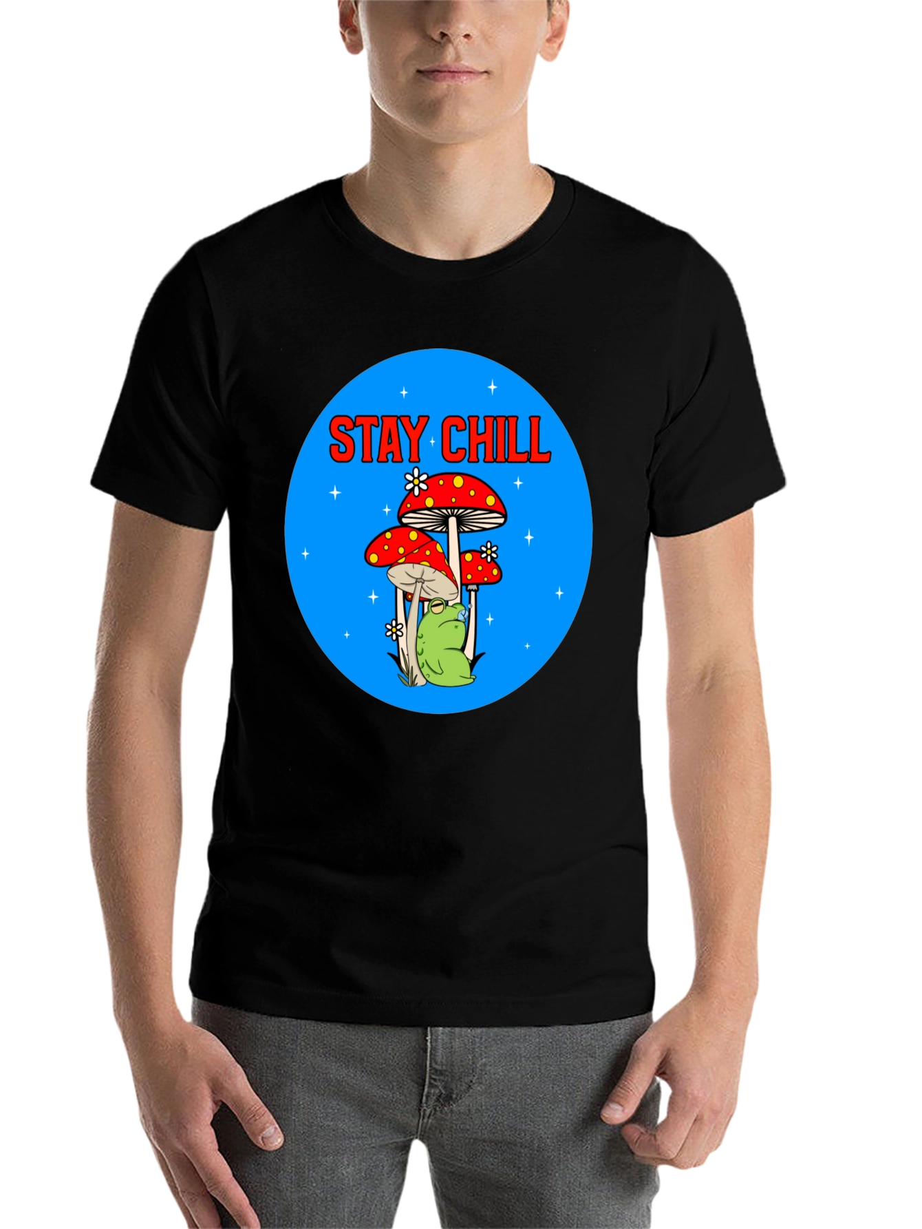 Black Stay Chill Frog Mushroom Graphic Tee view 7