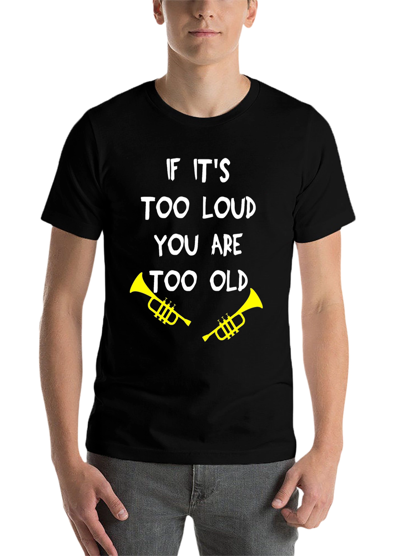 Black Funny "Too Loud, Too Old" Trumpet Graphic Tee view 7