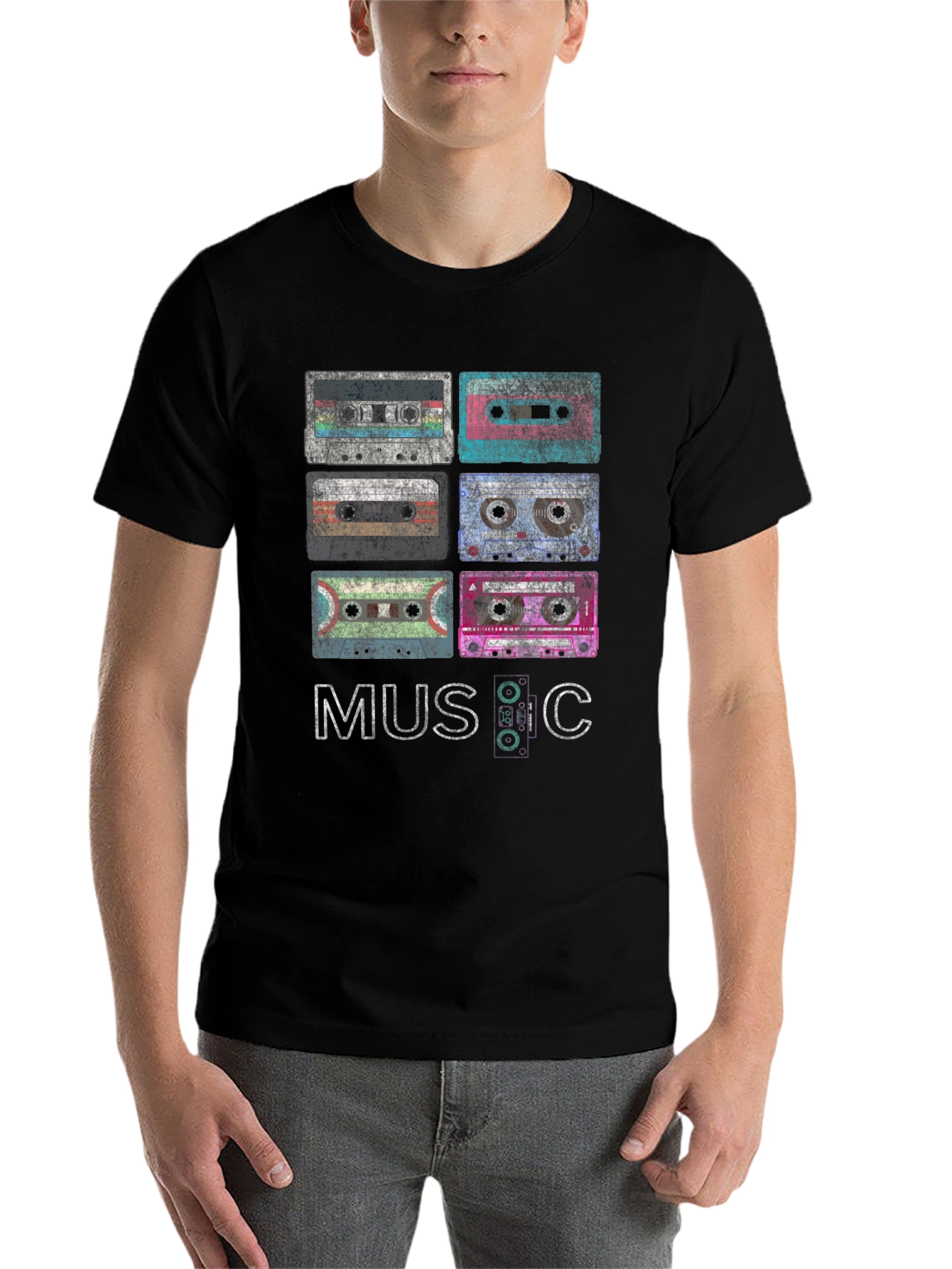Black Vintage Cassette Tapes Graphic Tee - Retro Music Lover Shirt view 7
