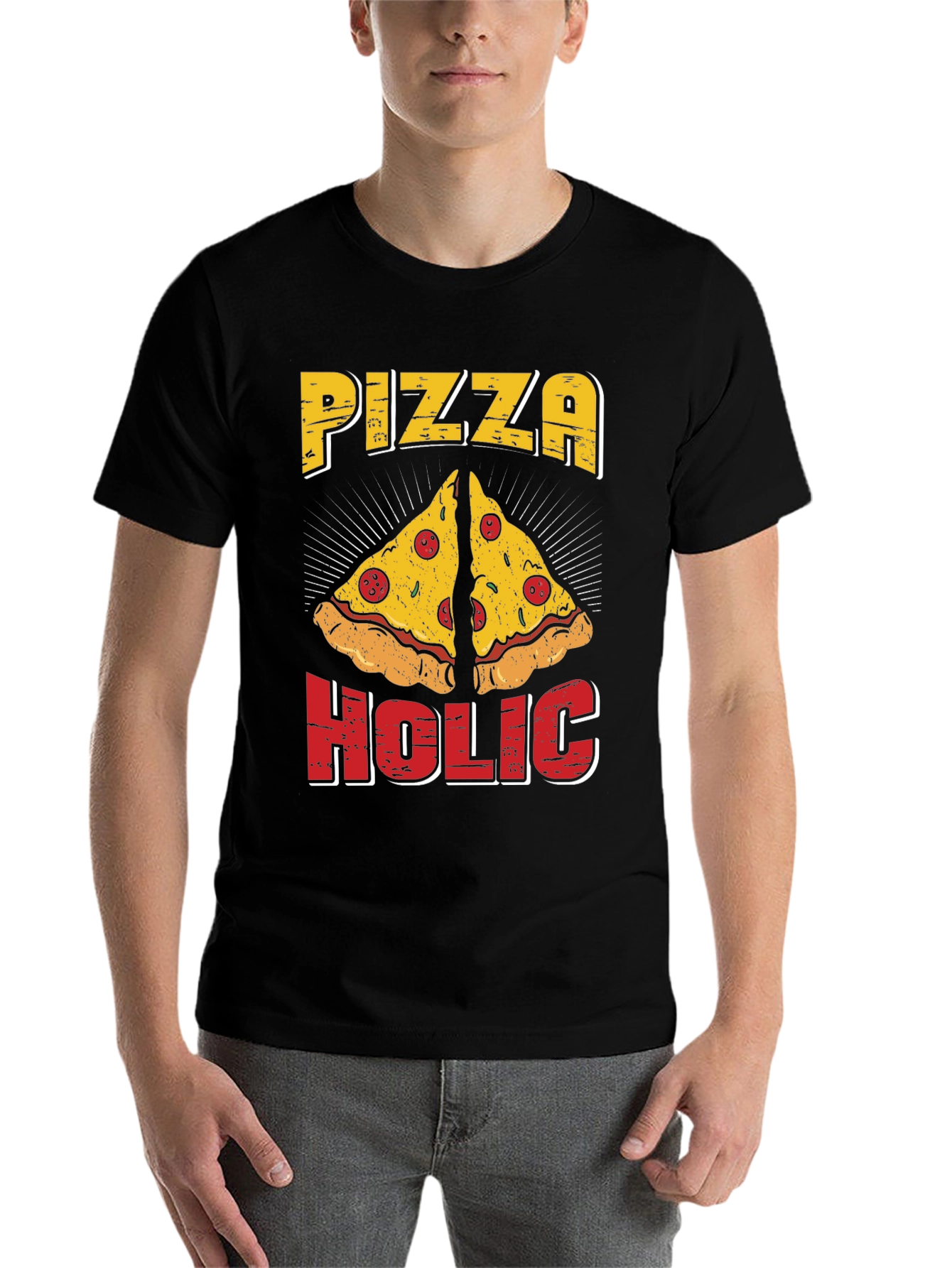 Black Pizza Holic T-Shirt - Funny Graphic Tee view 7