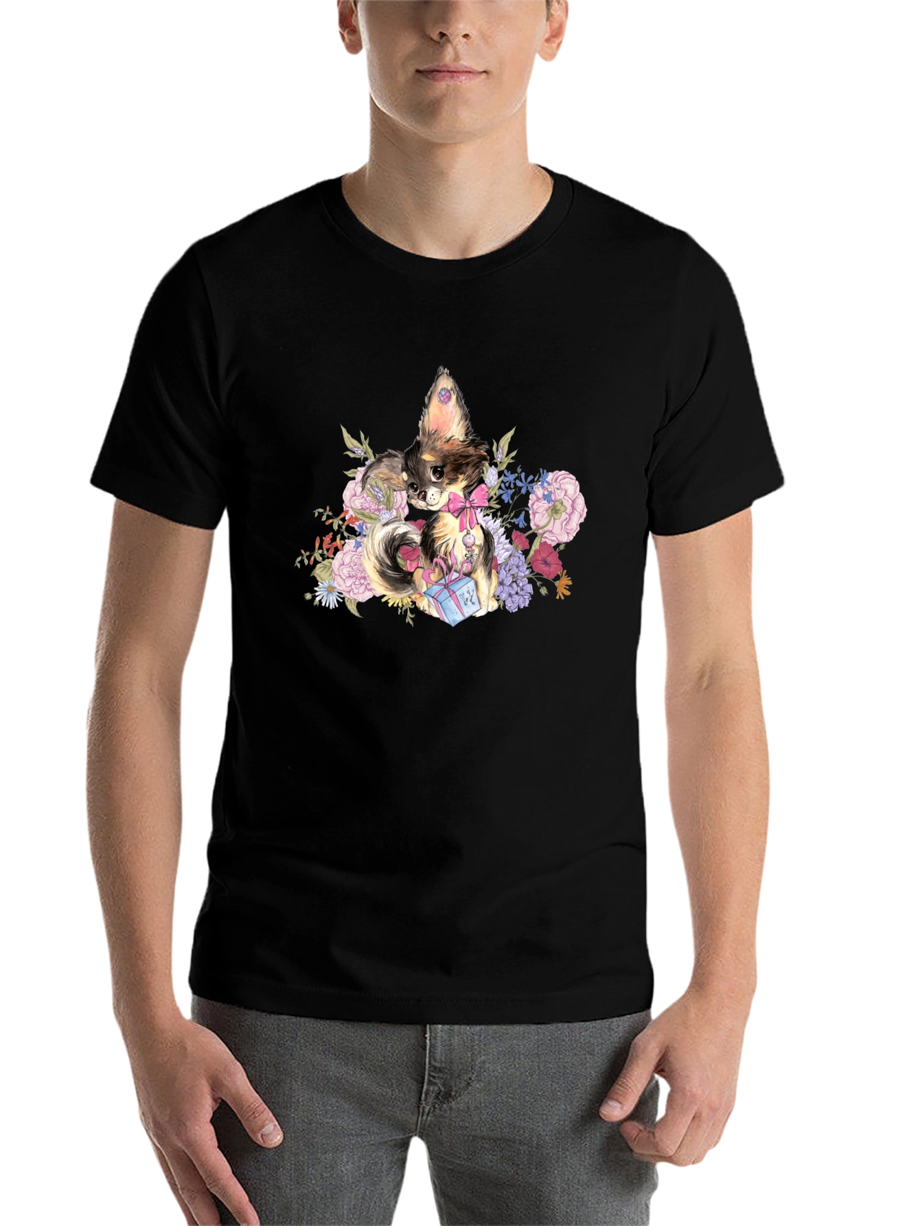 Black Chihuahua Floral T-Shirt view 7