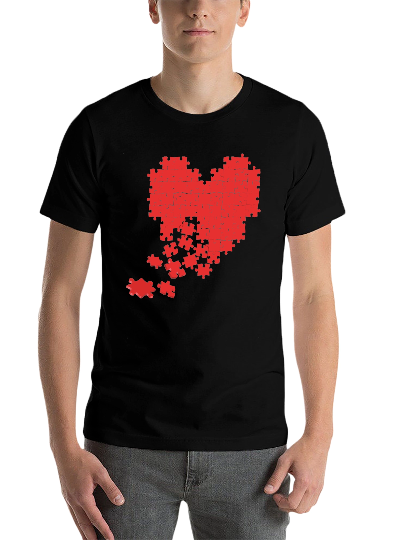 Black Puzzle Heart Graphic Tee - Black Cotton Casual Shirt view 7