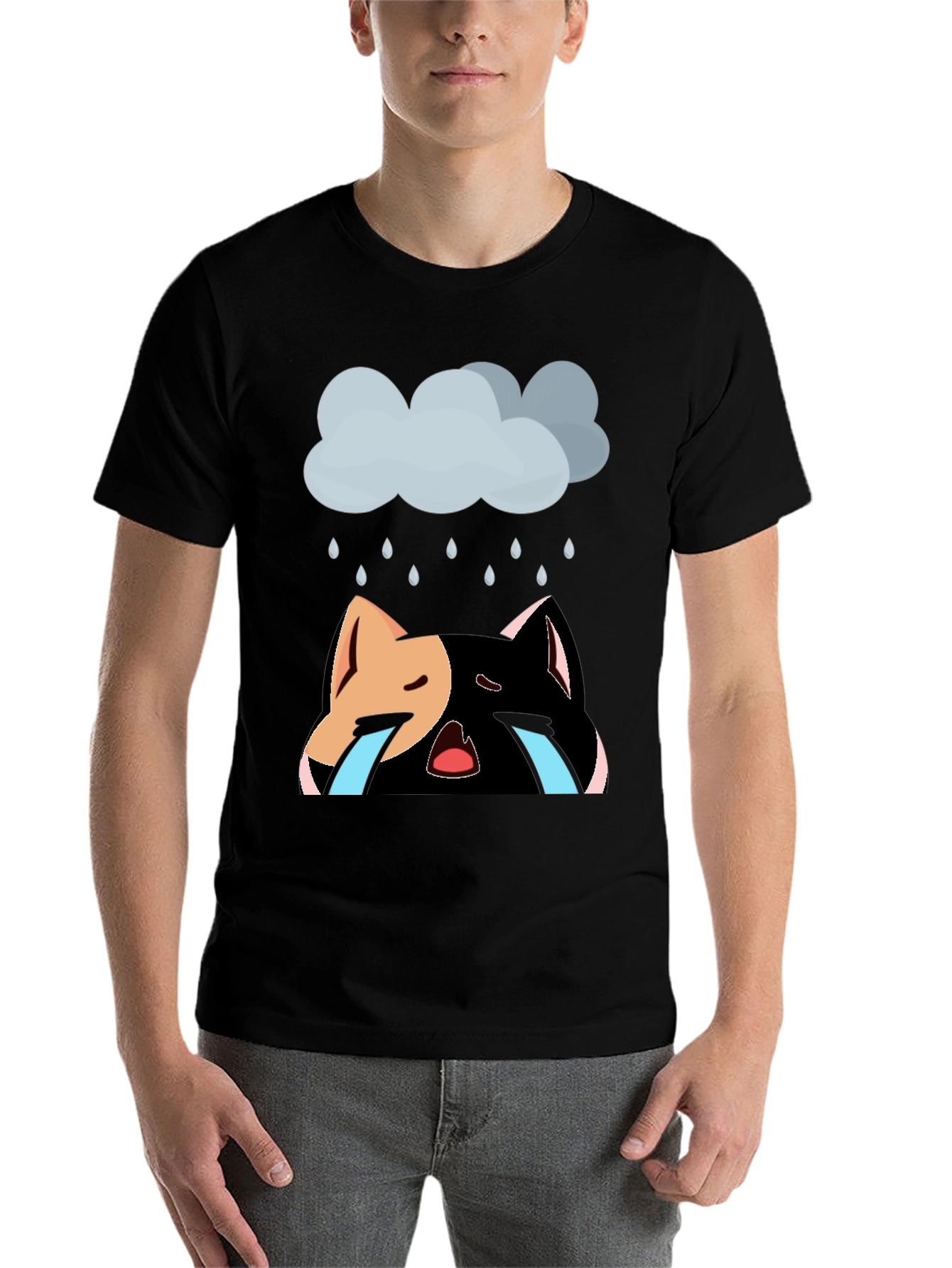 Black Sad Cat T-Shirt - Unisex Black Cotton Blend view 7