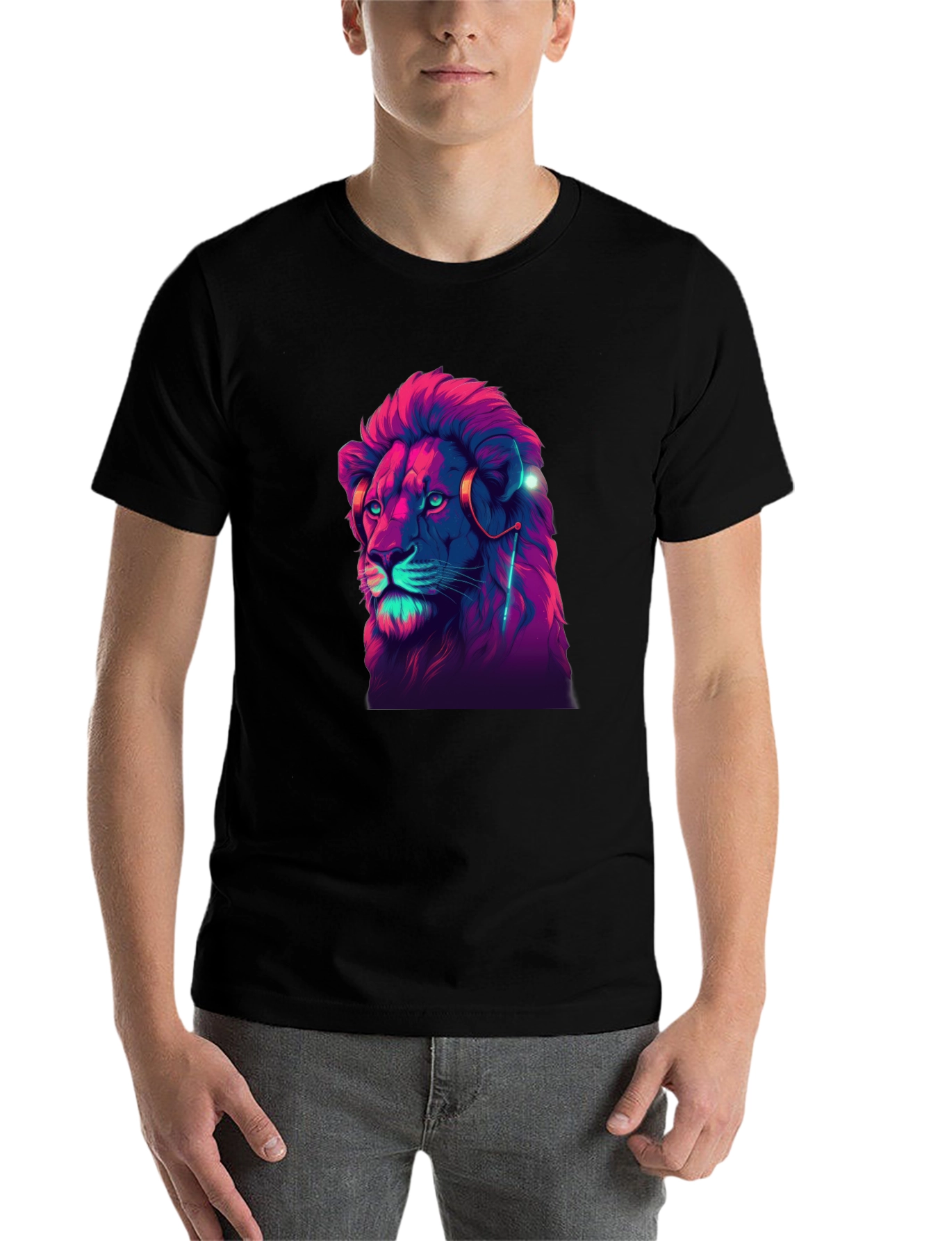 Black Neon Lion Graphic Black T-Shirt view 7