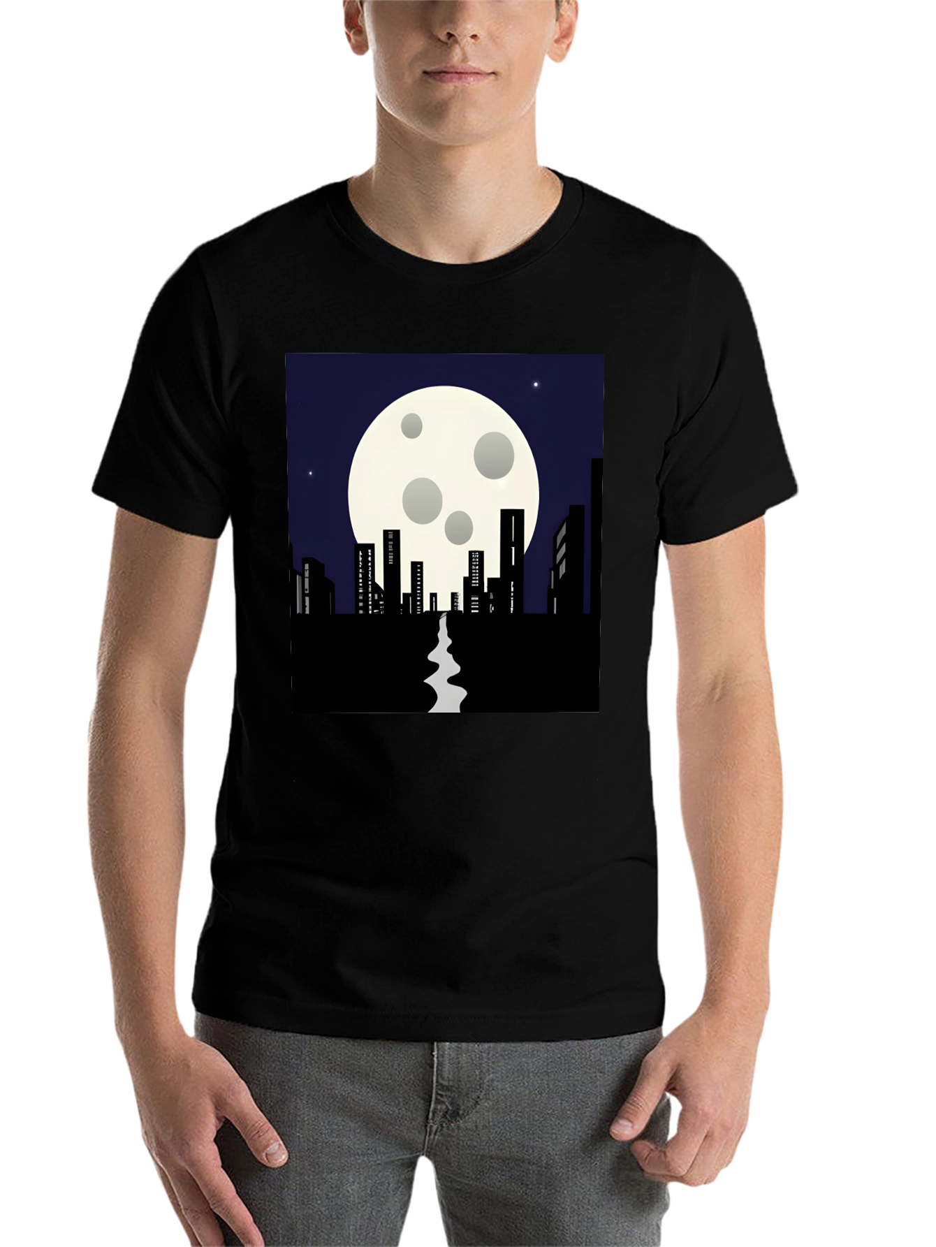 Black Night Cityscape T-Shirt: Moonlit Silhouette Tee view 7