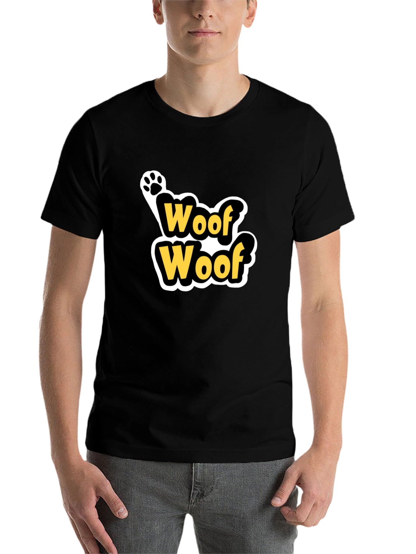 Black Woof Woof Dog Paw Print T-Shirt - Black view 7