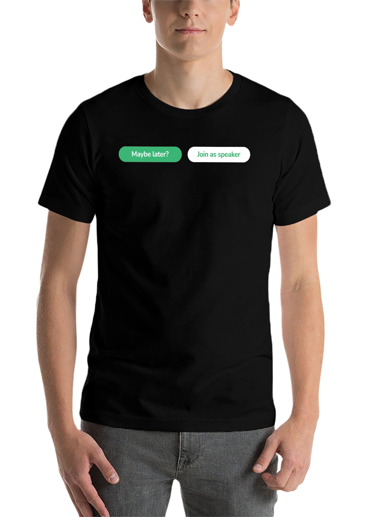Black Funny "Maybe Later? Join as Speaker" T-Shirt view 7