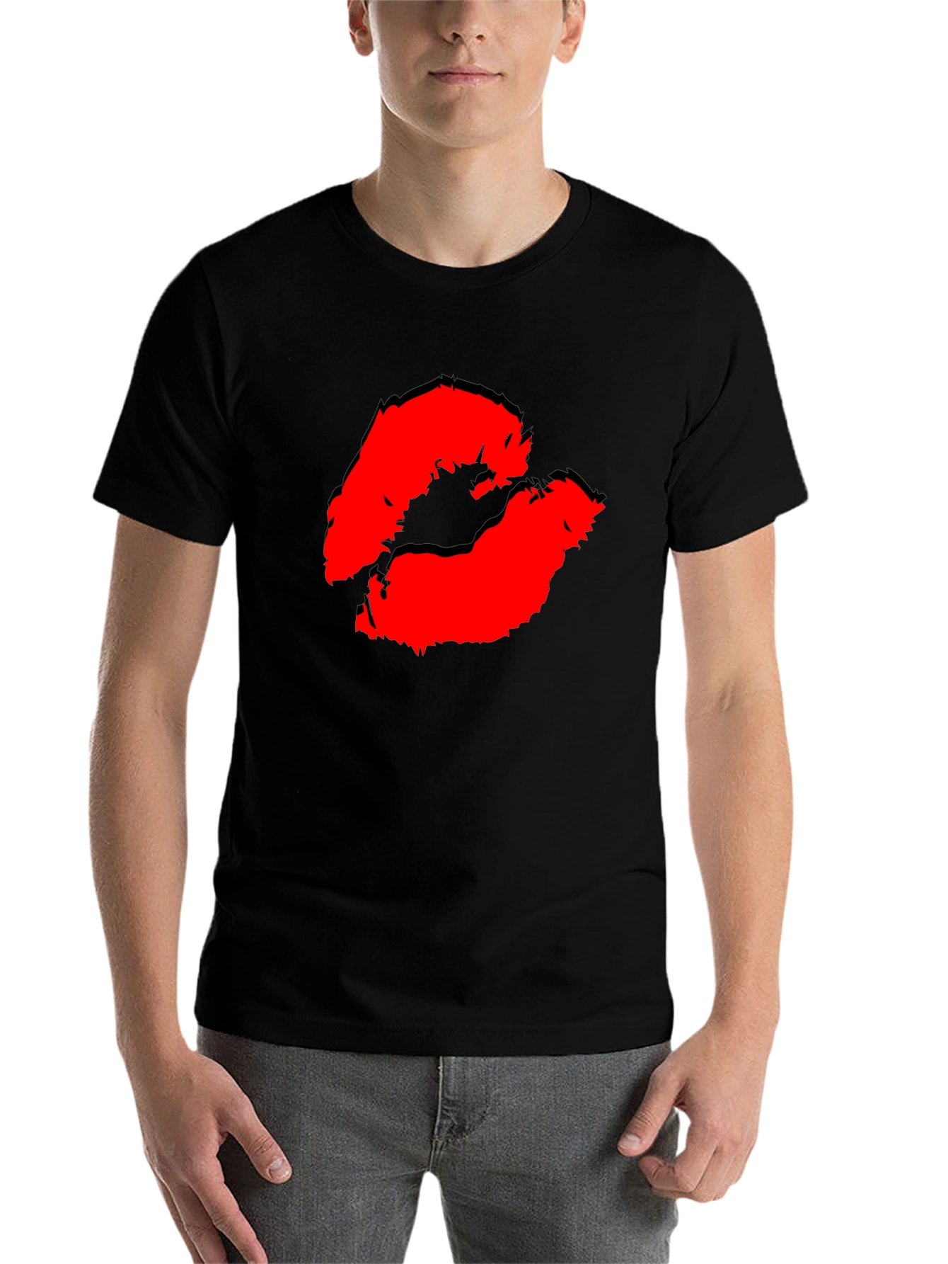 Black Red Lips Kiss Print Black Casual T-Shirt view 7