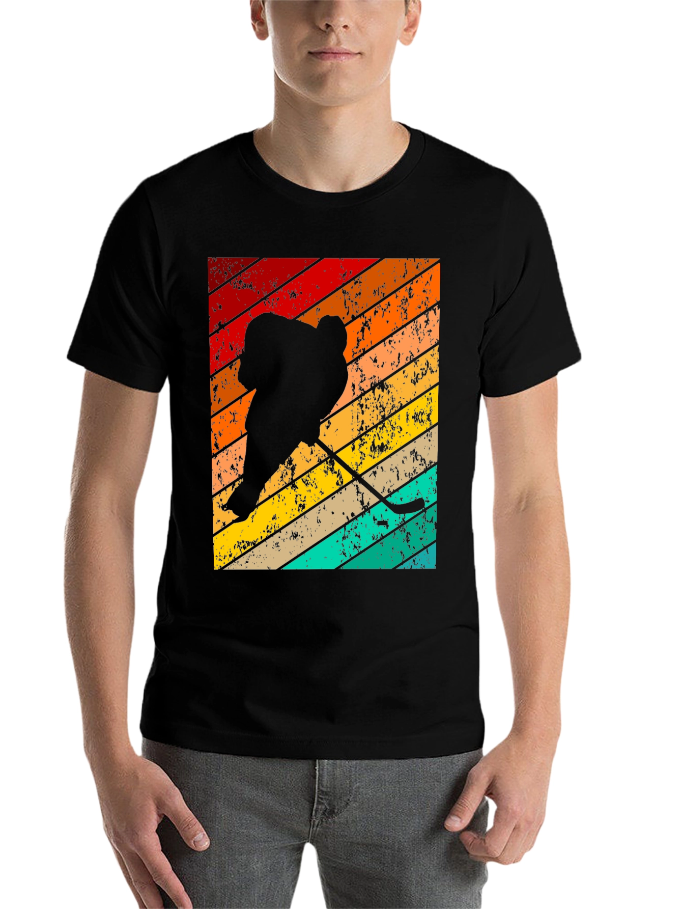 Black Retro Hockey Player T-Shirt view 7