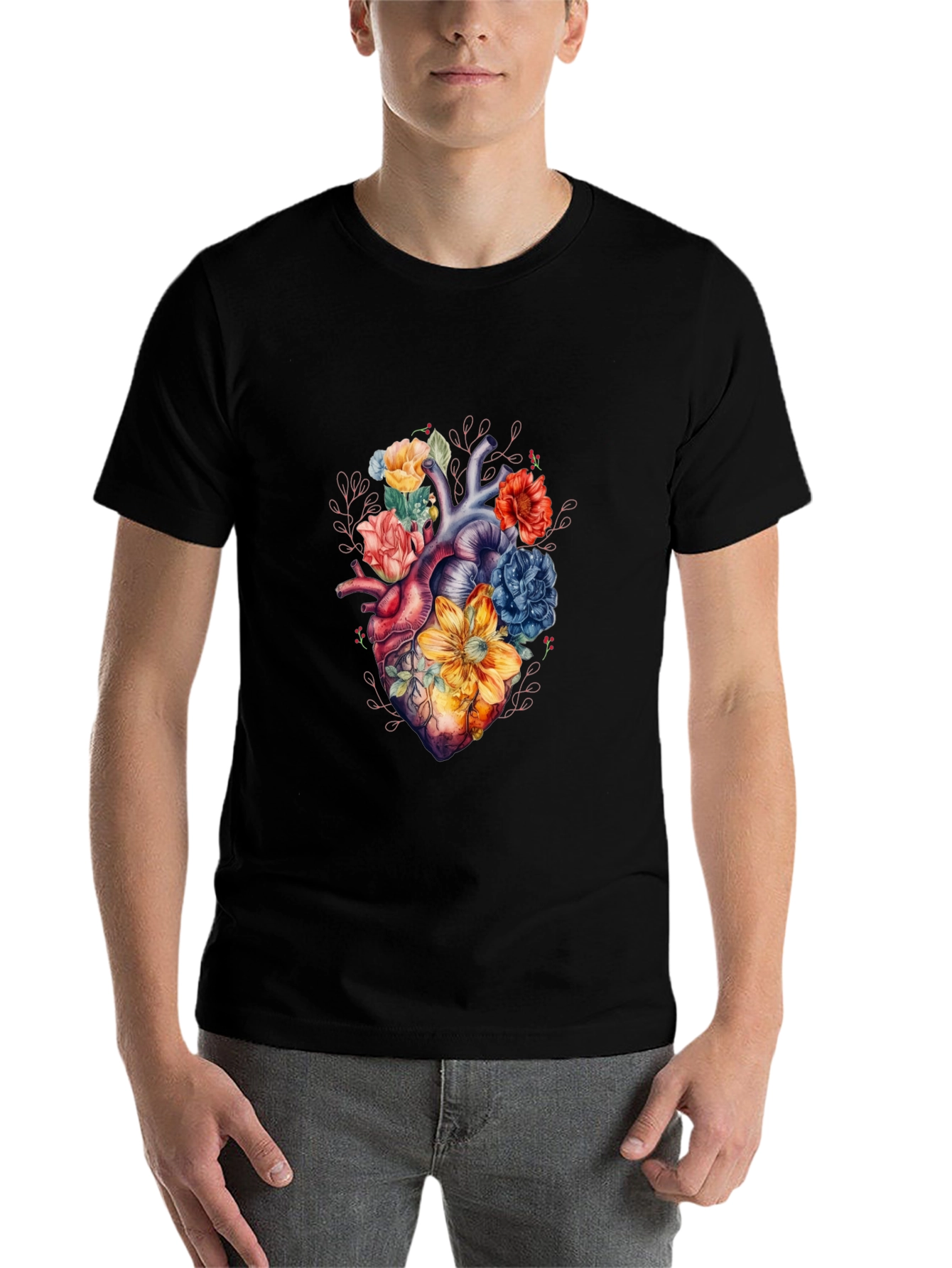 Black Floral Heart Graphic Tee - Black view 7