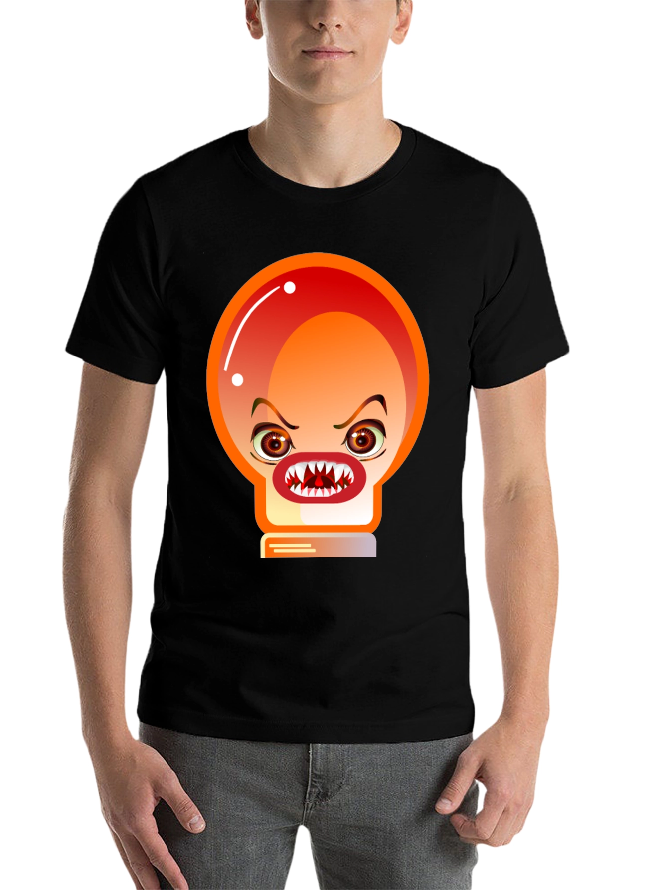 Black Men's Black T-Shirt with Angry Light Bulb Design view 7