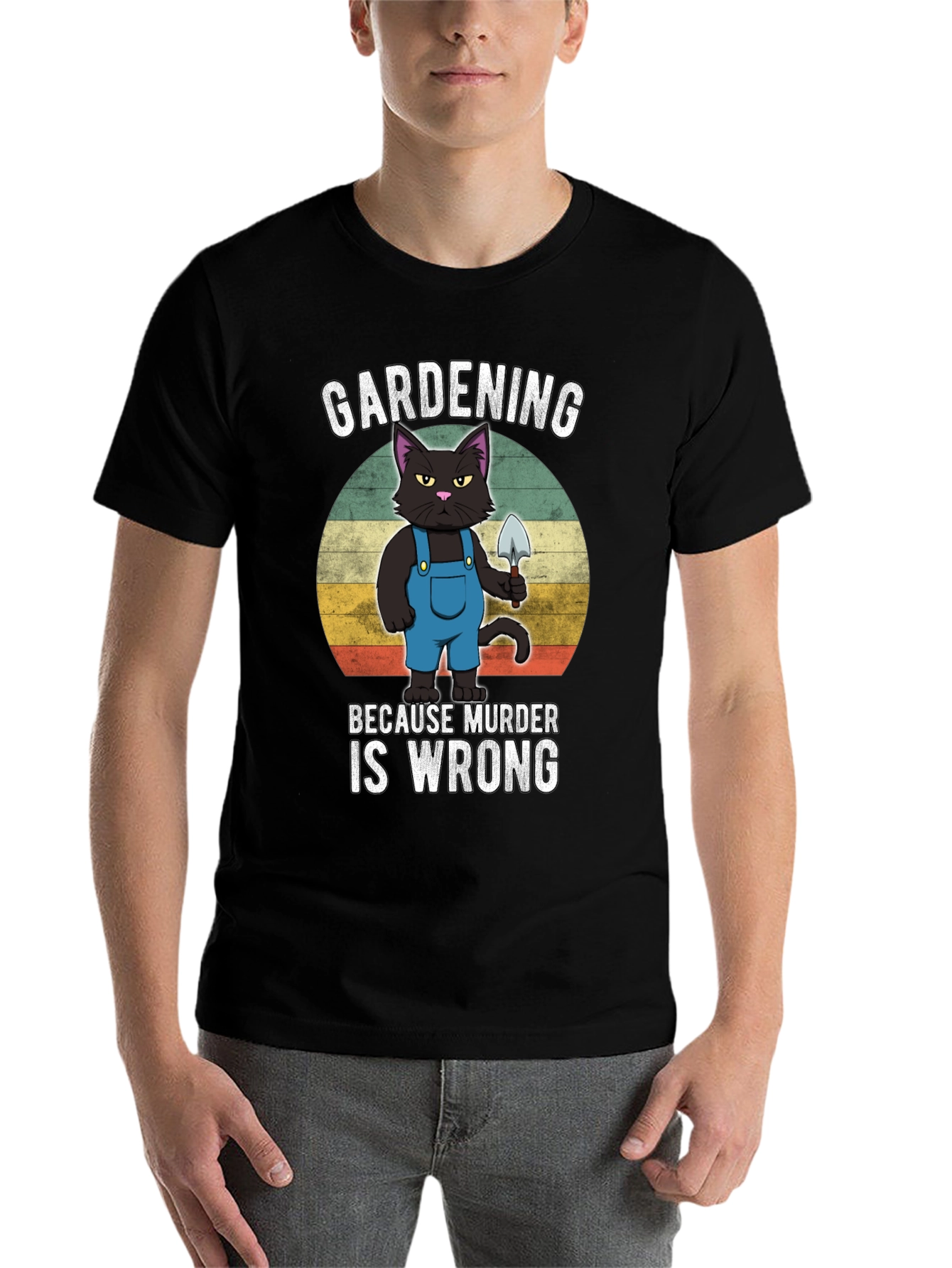 Black Gardening Cat T-Shirt - Murder Is Wrong view 7