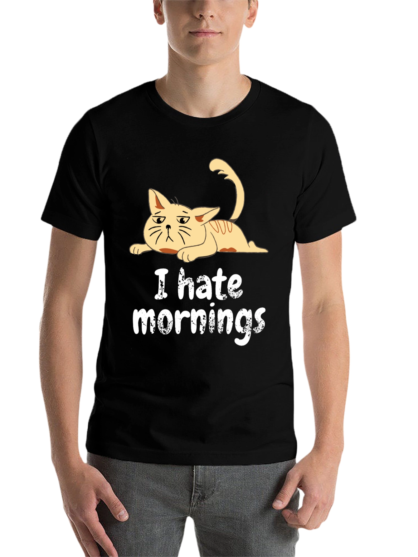 Black I Hate Mornings Cat T-Shirt - Black Cotton Tee view 7