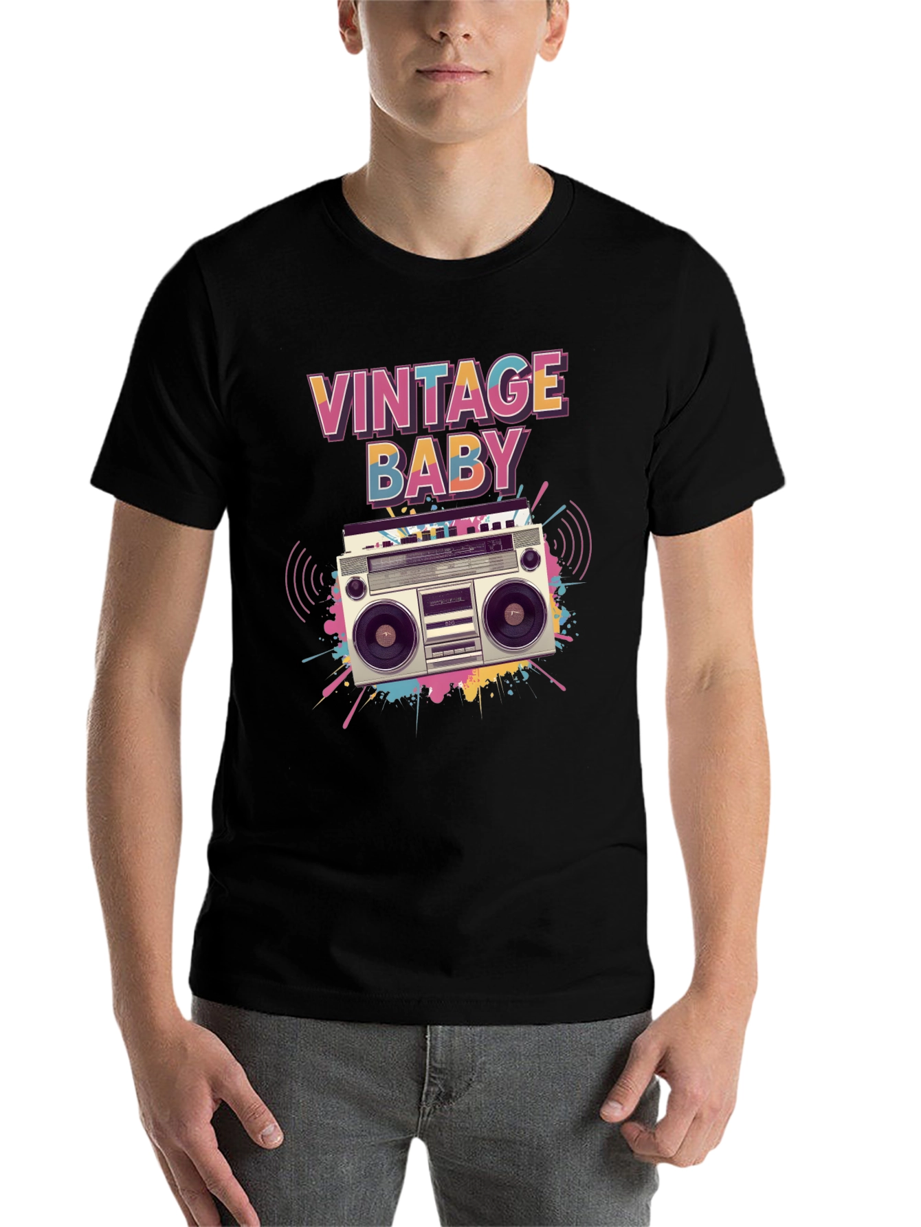 Black Vintage Baby Graphic Tee - Retro Boombox Design view 7