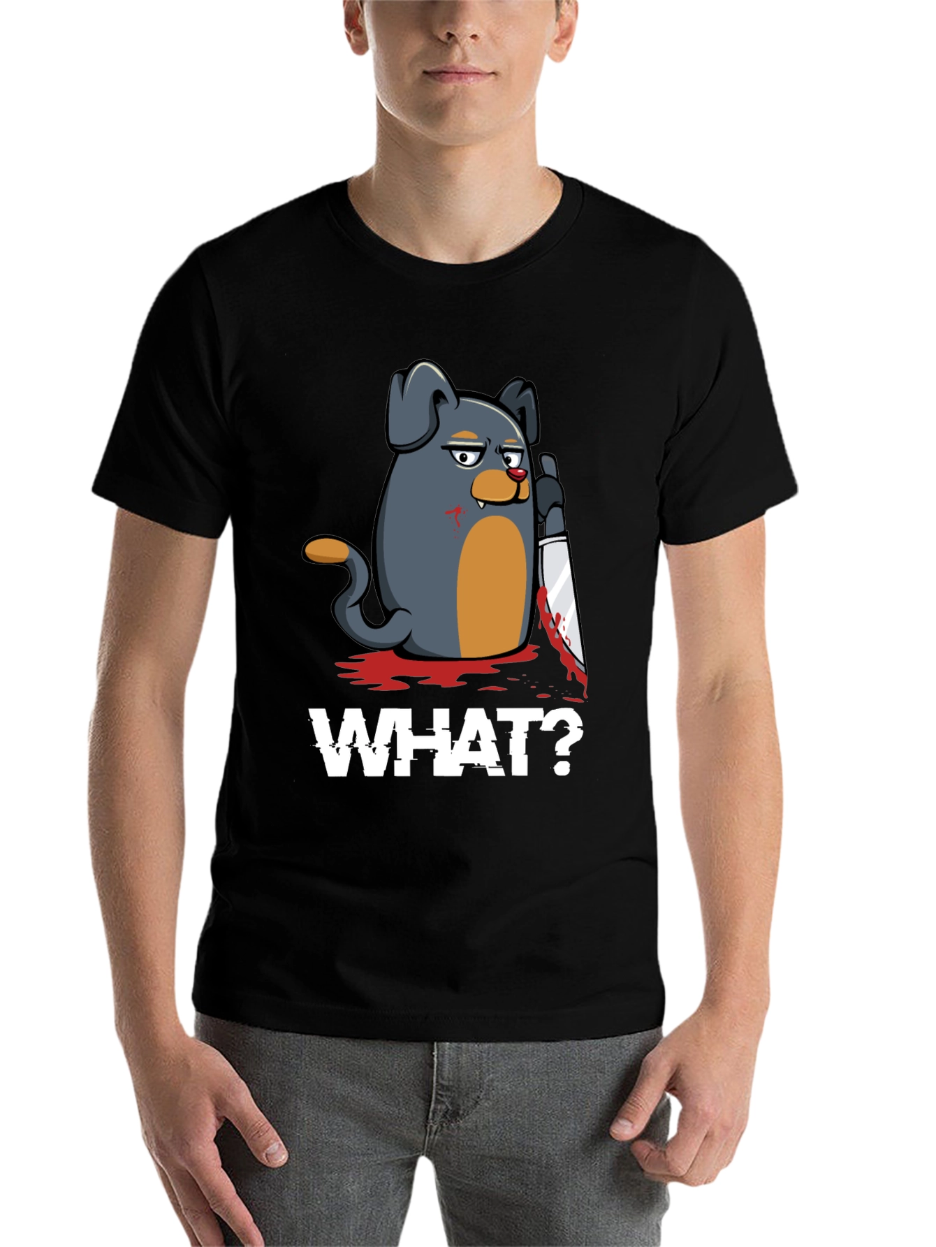 Black Men's 'What?' Dog with Knife Graphic T-Shirt view 7