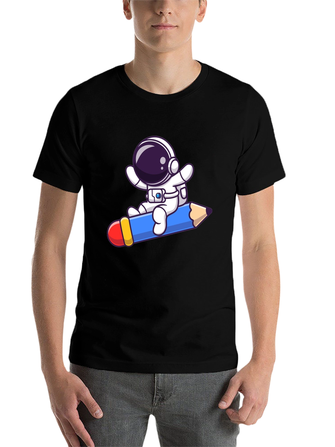 Black Astronaut Pencil Ride T-Shirt - Black Cotton Graphic Tee view 7