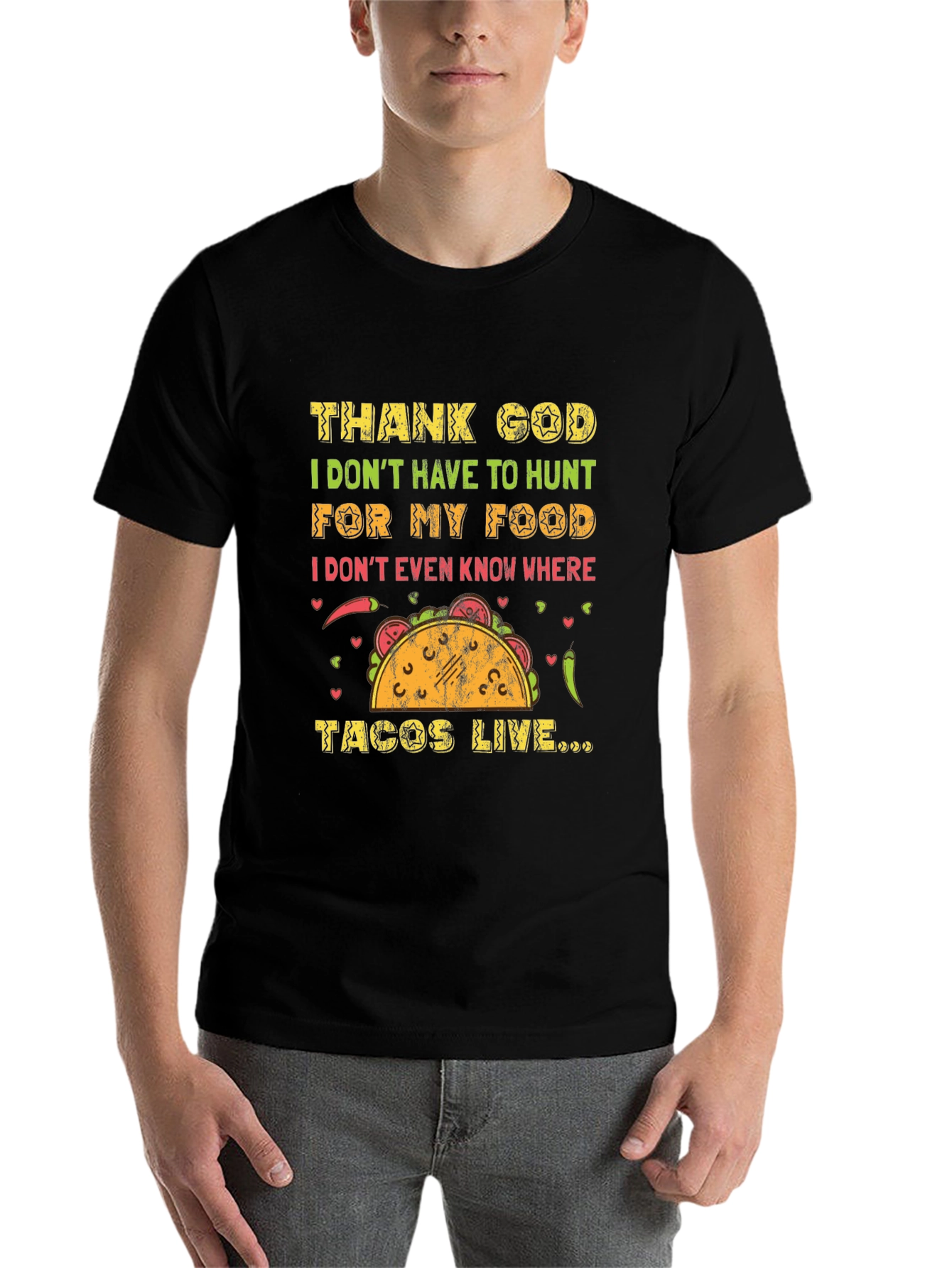 Black Funny Taco T-Shirt - Thank God I Don't Hunt for My Food Tee view 7