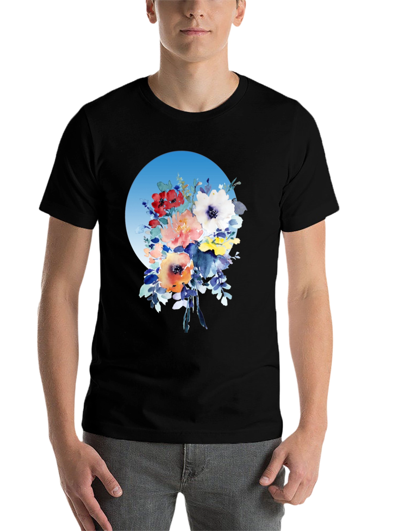 Black Floral Bouquet T-Shirt - Watercolor Design view 7