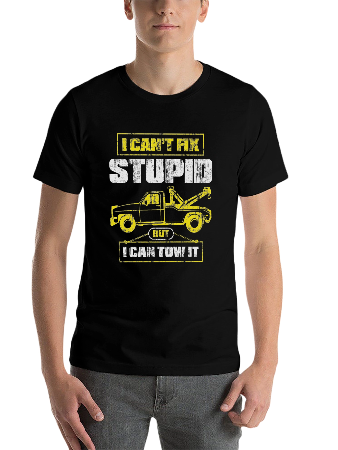 Black Funny Tow Truck Driver T-Shirt - I Can't Fix Stupid view 7