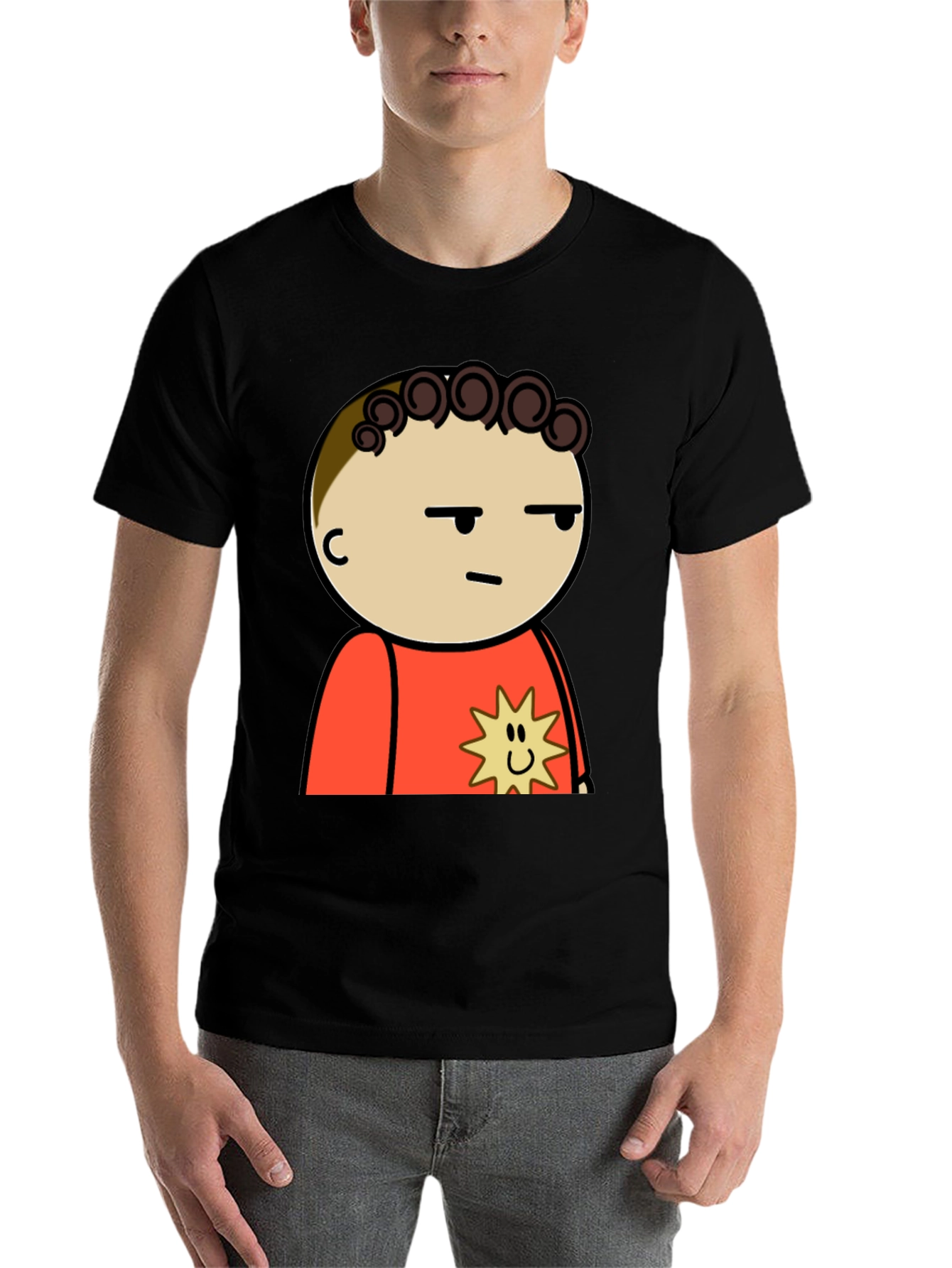 Black Funny Cartoon Character T-Shirt - Black Cotton Tee view 7