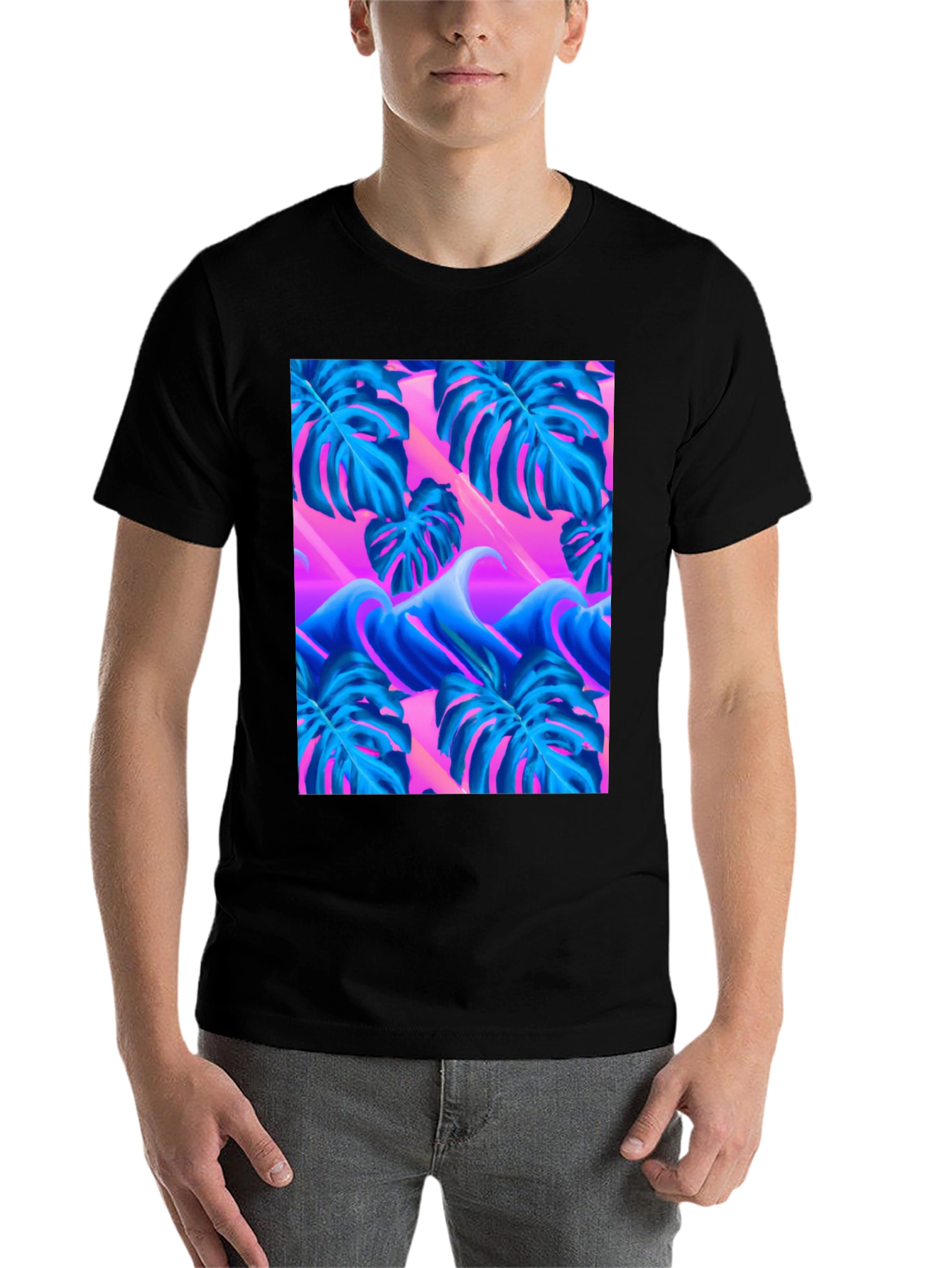 Black Vaporwave Monstera Leaf T-Shirt view 7